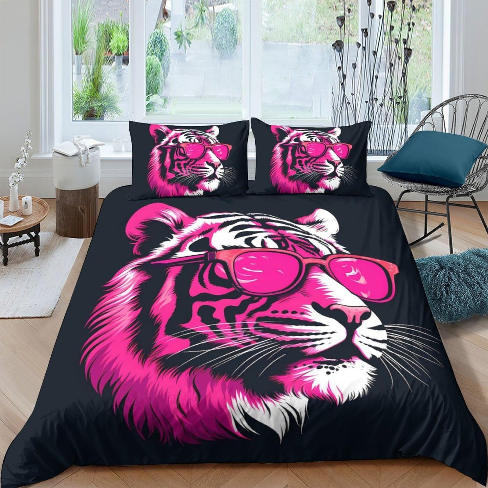 P5V6M1Q9 3D Printed Pink Tiger Duvet Cover Microfiber Soft Breathable Animal Sunglasses Bedding Set with 2 Pillowcases for Bedroom Decor Single（135x200cm）