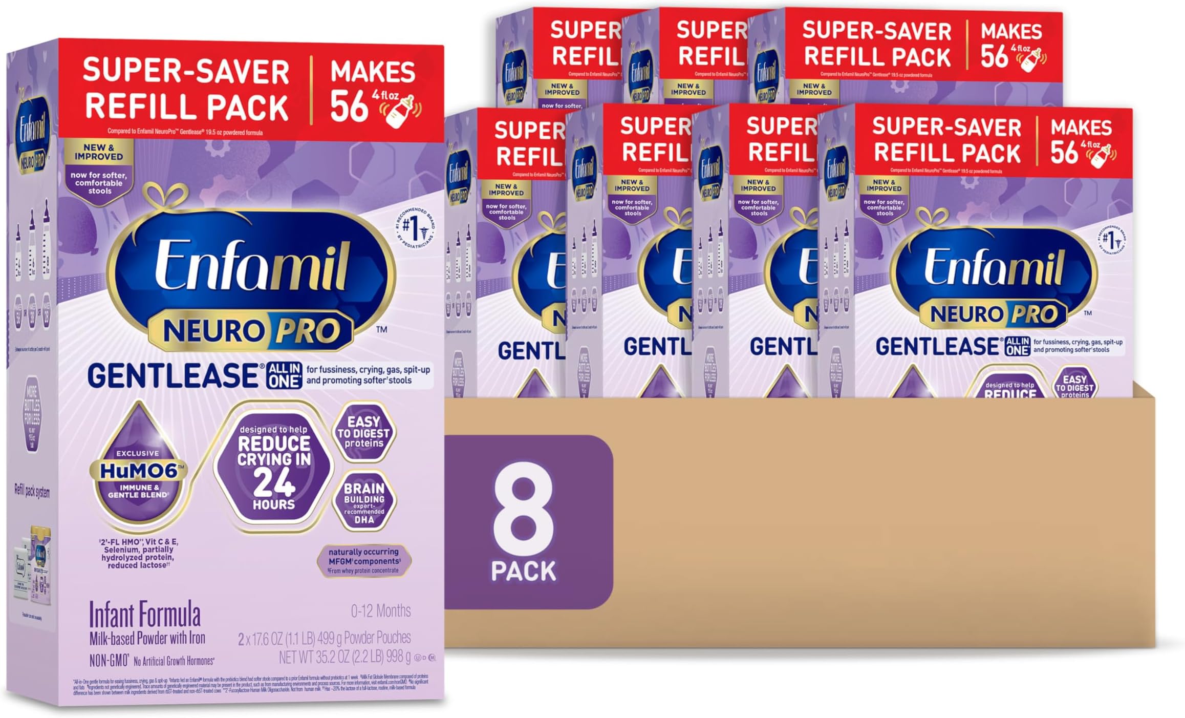 EnfamilNeuroPro Gentlease Baby Formula, Brain Building DHA, HuMO6 Immune Blend, Designed to Reduce Fussiness, Crying, Gas & Spit-up in 24 Hrs, Infant Formula Powder, Baby Milk, 35.2 Oz, Pack of 8
