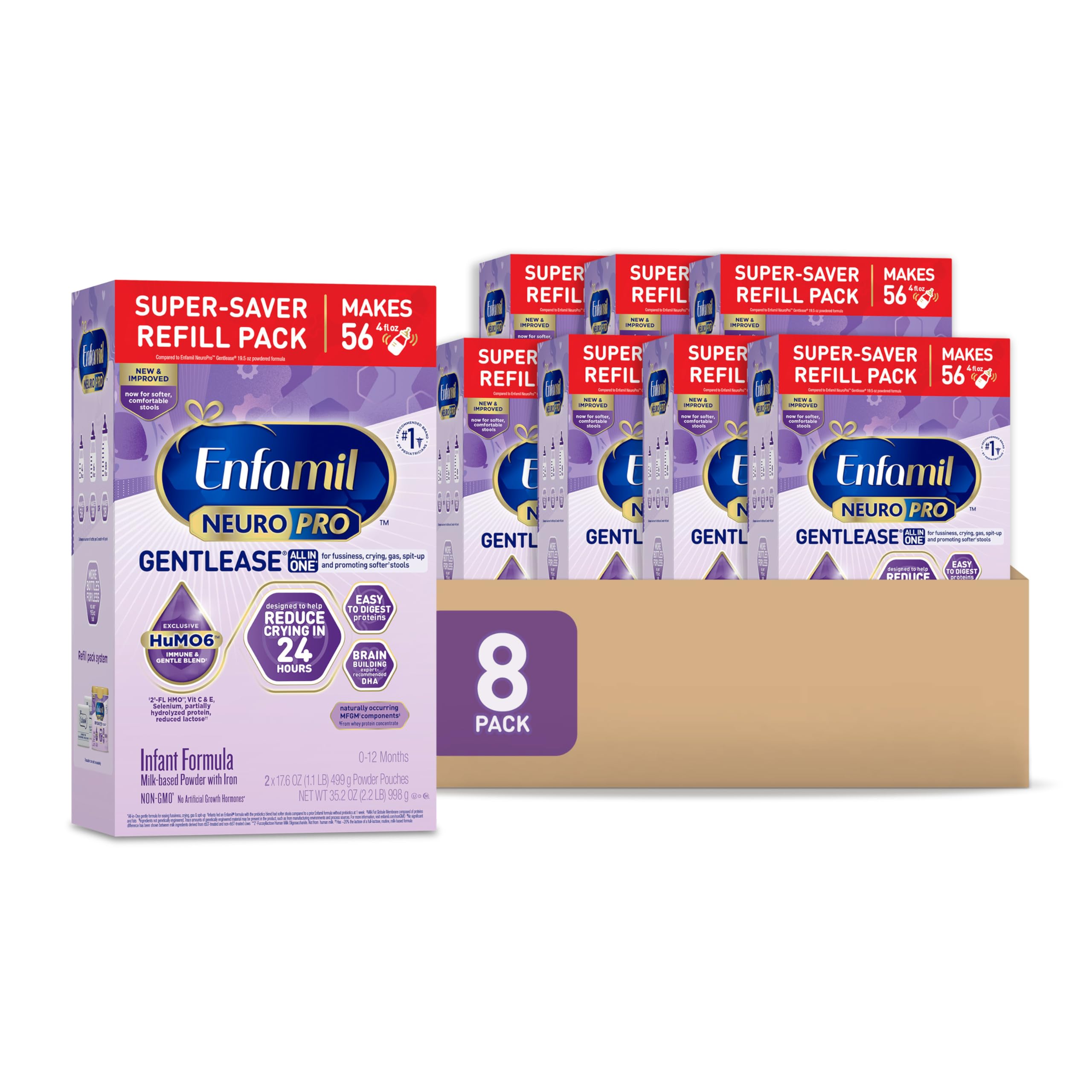 EnfamilNeuroPro Gentlease Baby Formula, Brain Building DHA, HuMO6 Immune Blend, Designed to Reduce Fussiness, Crying, Gas & Spit-up in 24 Hrs, Infant Formula Powder, Baby Milk, 35.2 Oz, Pack of 8