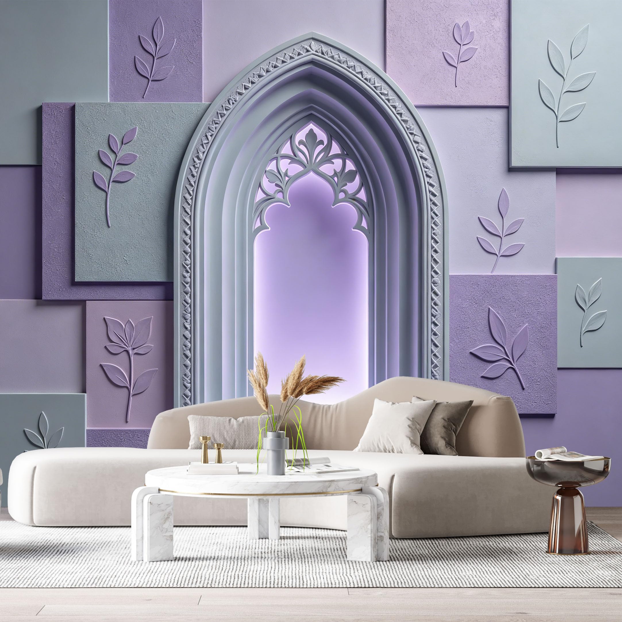 Custom Size Wall Murals Gothic Arch Botanical Tracery Textured Lavender 3D Trompe L'Oeil SelfAdhesiveWall Fabric Removable Wallpaper Wall Decor for Living Room Bedroom Bathroom