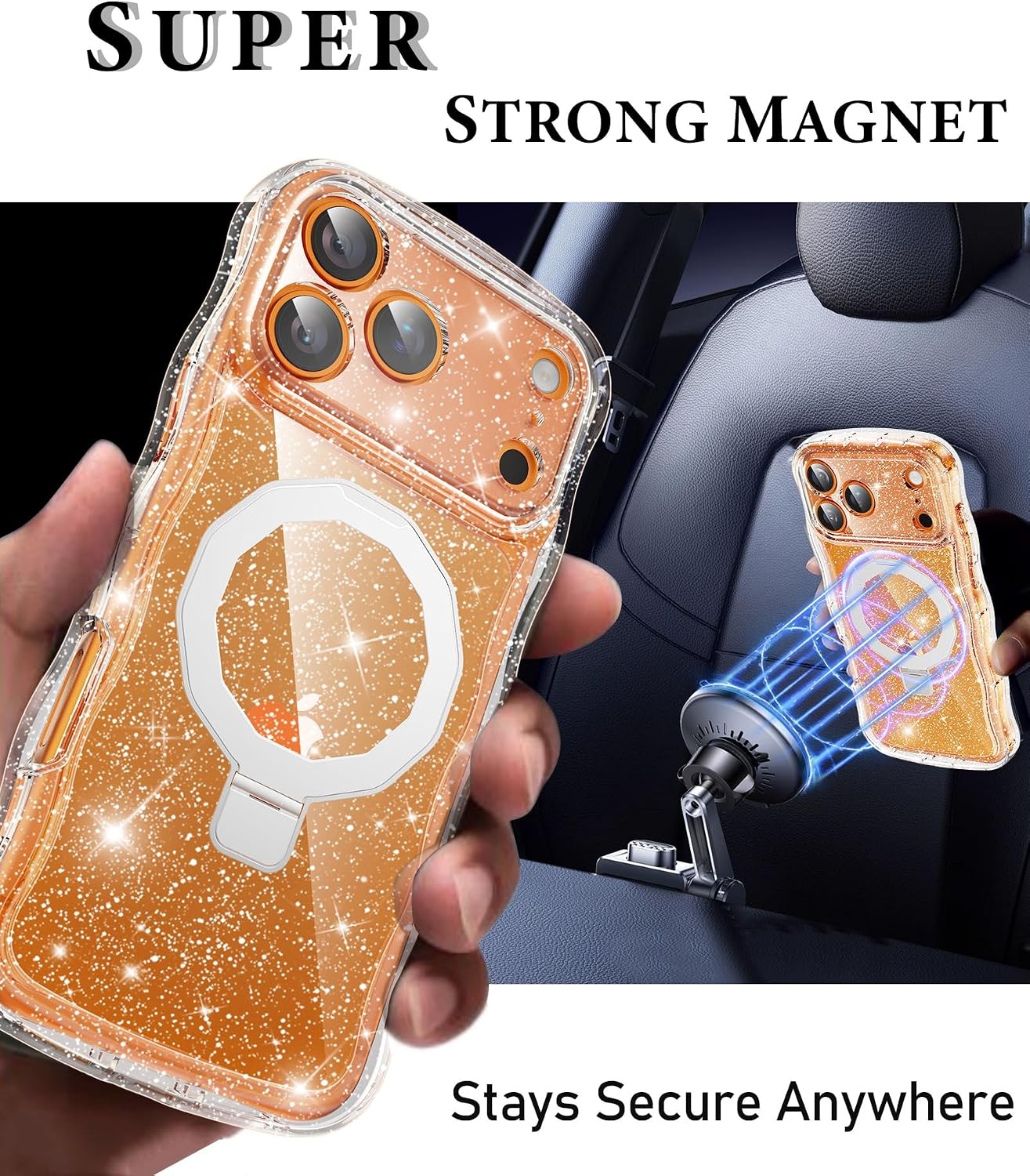 MIODIK Compatible with iPhone 17 Pro Case with Screen Protector, Built-in Seamless Stand and Upgraded Camera Protection, [Compatible with MagSafe] Clear Glitter Wavy Phone Case - Clear Kickstand