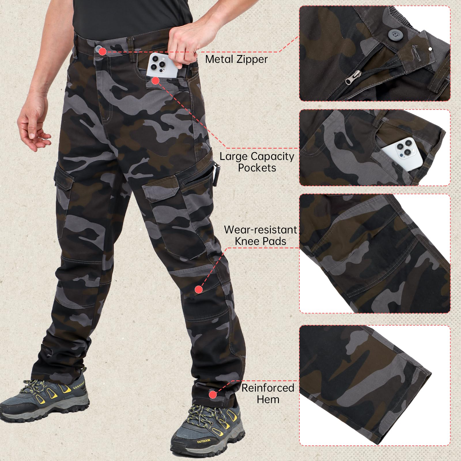 LY4U Pantaloni da Lavoro Cargo da Uomo, Pantaloni Casual da Esterno Mimetici in Cotone - Abbigliamento da Trekking da Campeggio con 10 Tasche
