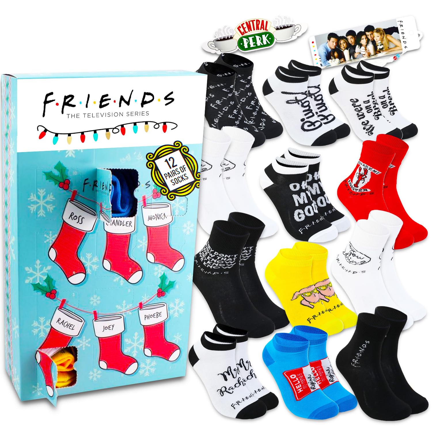 Friends Countdown Christmas Advent Calendar Socks Set - Bundle with 12 Pairs of Friends Socks for Adults Plus Bookmark | Friends Sock Box Set for Men, Women