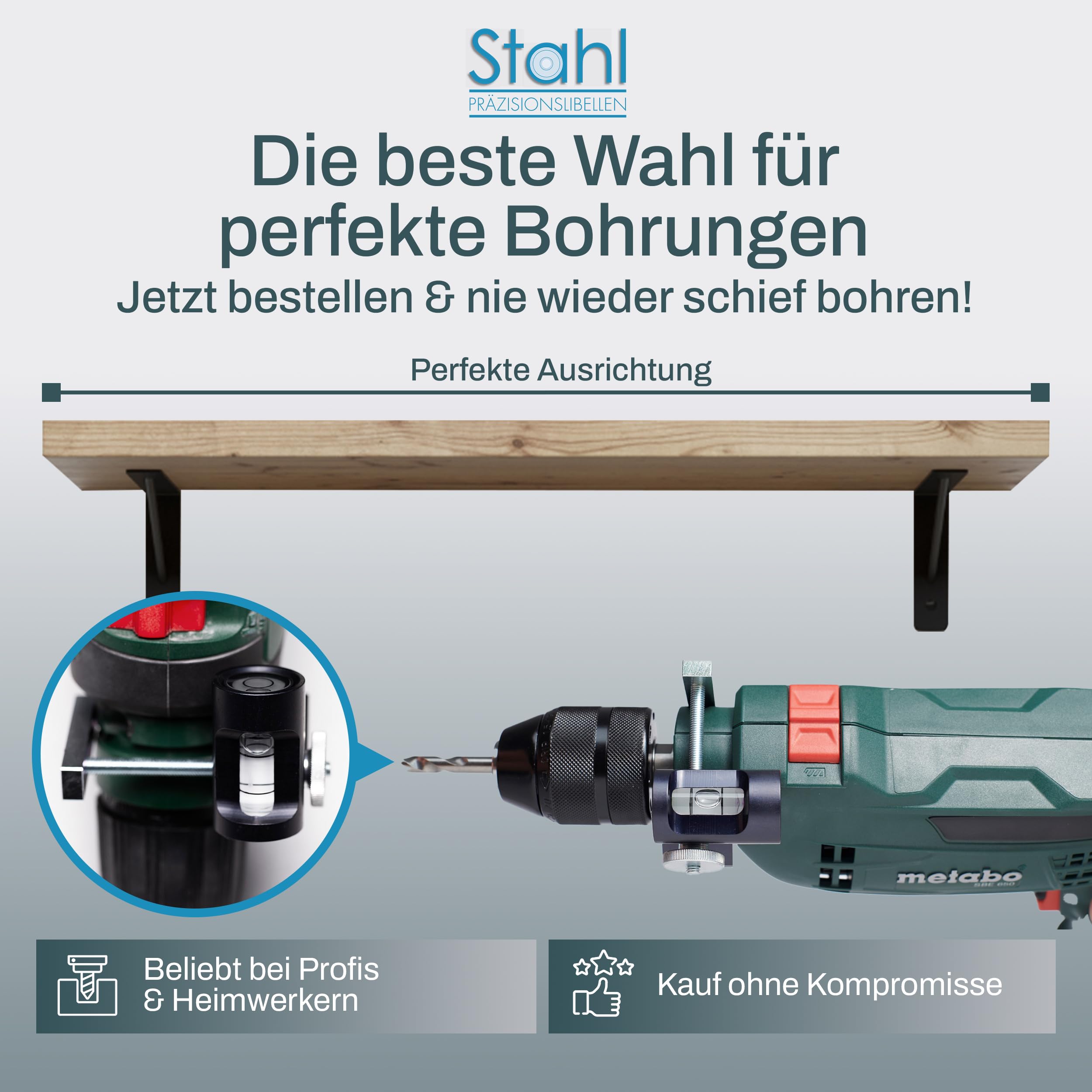 Bohrmaschinen Wasserwaage – für exakte Bohrlöcher – Bohrmaschinen-Wasserwaage mit Rund- & Längslibelle für Bohrmaschine – Made in Germany