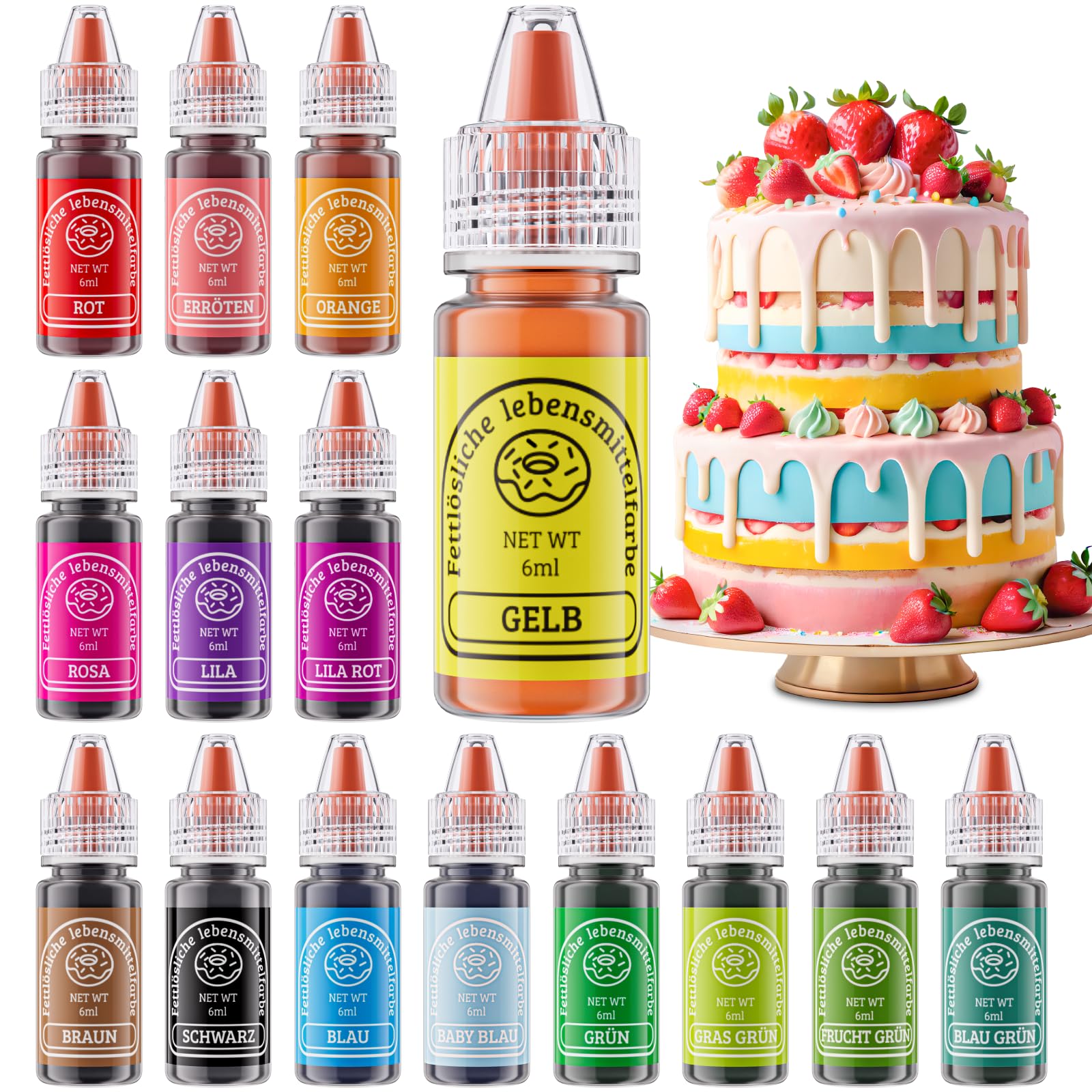 Fettlösliche Lebensmittelfarbe 15 Farben X 6ml - Lebensmittelfarben ölbasis für Schokolade, Fondant, Cupcakes, Kuchen, Backen, Macaron - Food Coloring für Tortendeko - 6ml