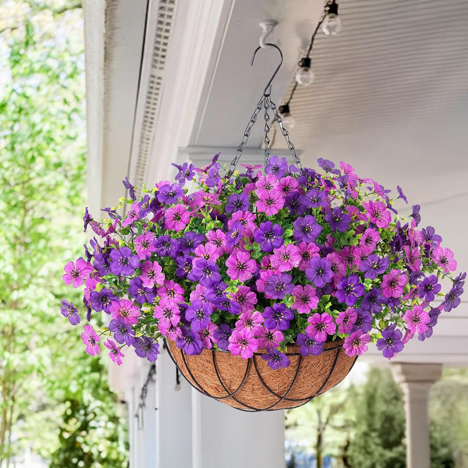 Artificial Silk Flowers Hanging Baskets Outdoors Indoors, Daisy with Eucalyptus Leaves Arrangement for Garden Yard Spring Summer Decor Faux Green Plant Metal Coconut Lining (Dark Purple Purple) - Image 5