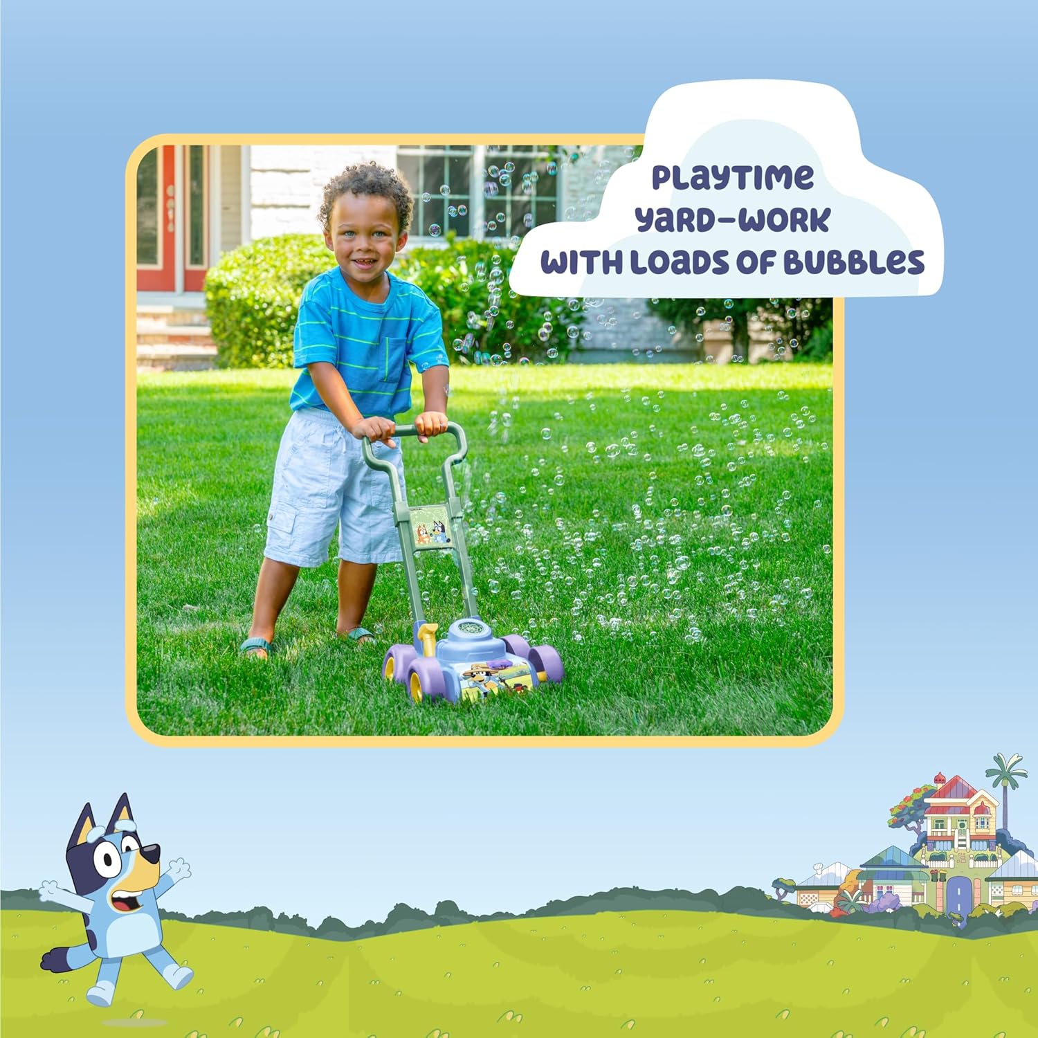 BLUEY Bubble Lawn Mower for Toddlers, Bubble Blowing Machine with Sound for Indoor and Outdoor Gardening Toy, Plays Bluey Music, Birthday, Party Favor for Preschool Girls and Boys