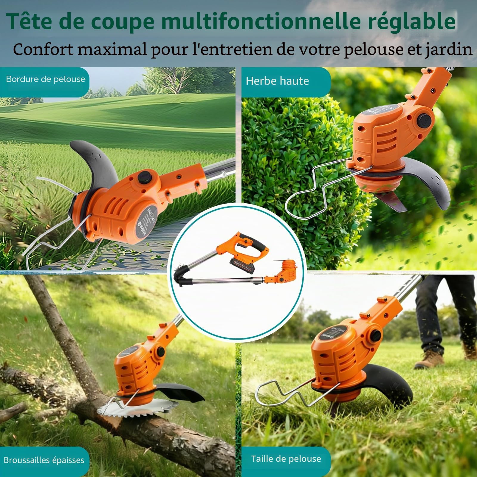 Debroussailleuse Electrique sans Fil 4 en 1 21V, Coupe Bordure sans Fil avec Batterie et 4 Types de Lames, Débroussailleuses Batterie pour la Coupe de Jardin, Pelouses