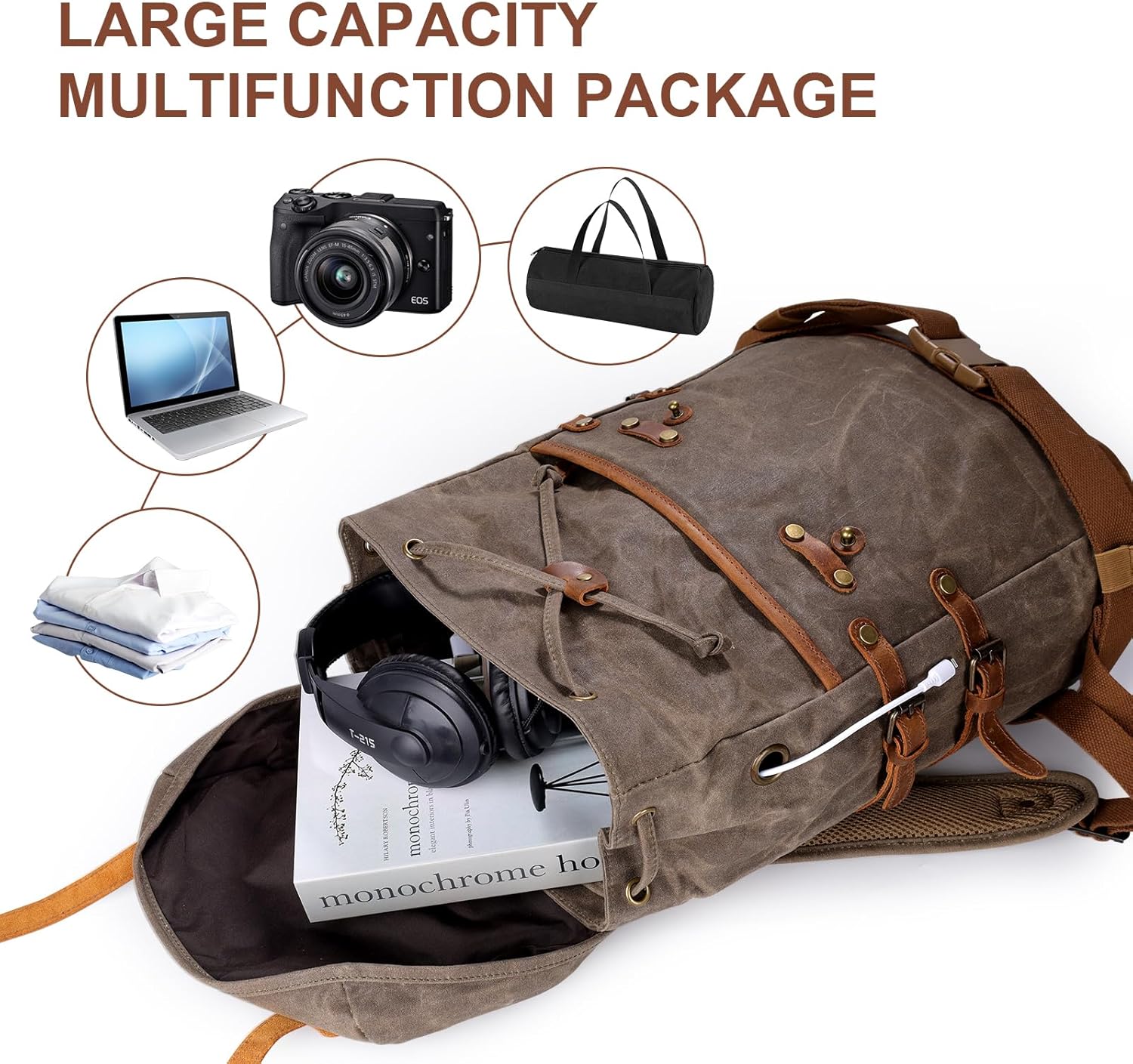 Waxed Canvas Leather Hiking Travel Waterproof Backpack for College Weekend Travel Fit 15in laptops - Image 6