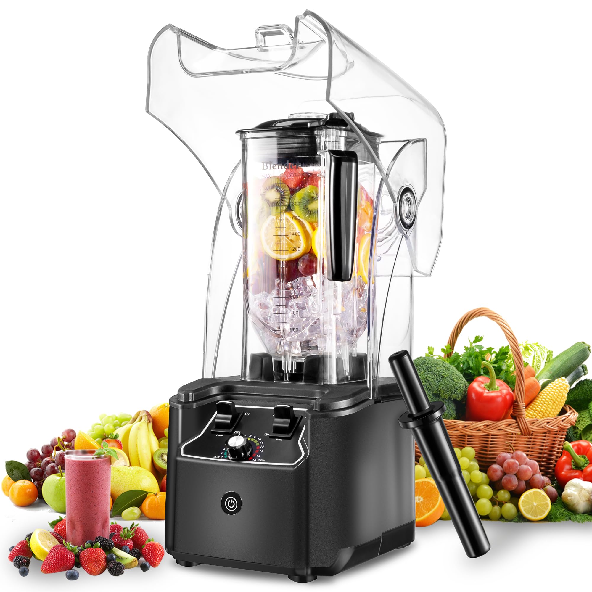 Professional Blender for Kitchen, 2200W, 80oz Pitcher, 15 Speeds, Commercial Heavy Duty Quiet Blender for Smoothies, Shakes, Frozen Drinks, Puree and Ice Crush, Self-Cleaning, Grey