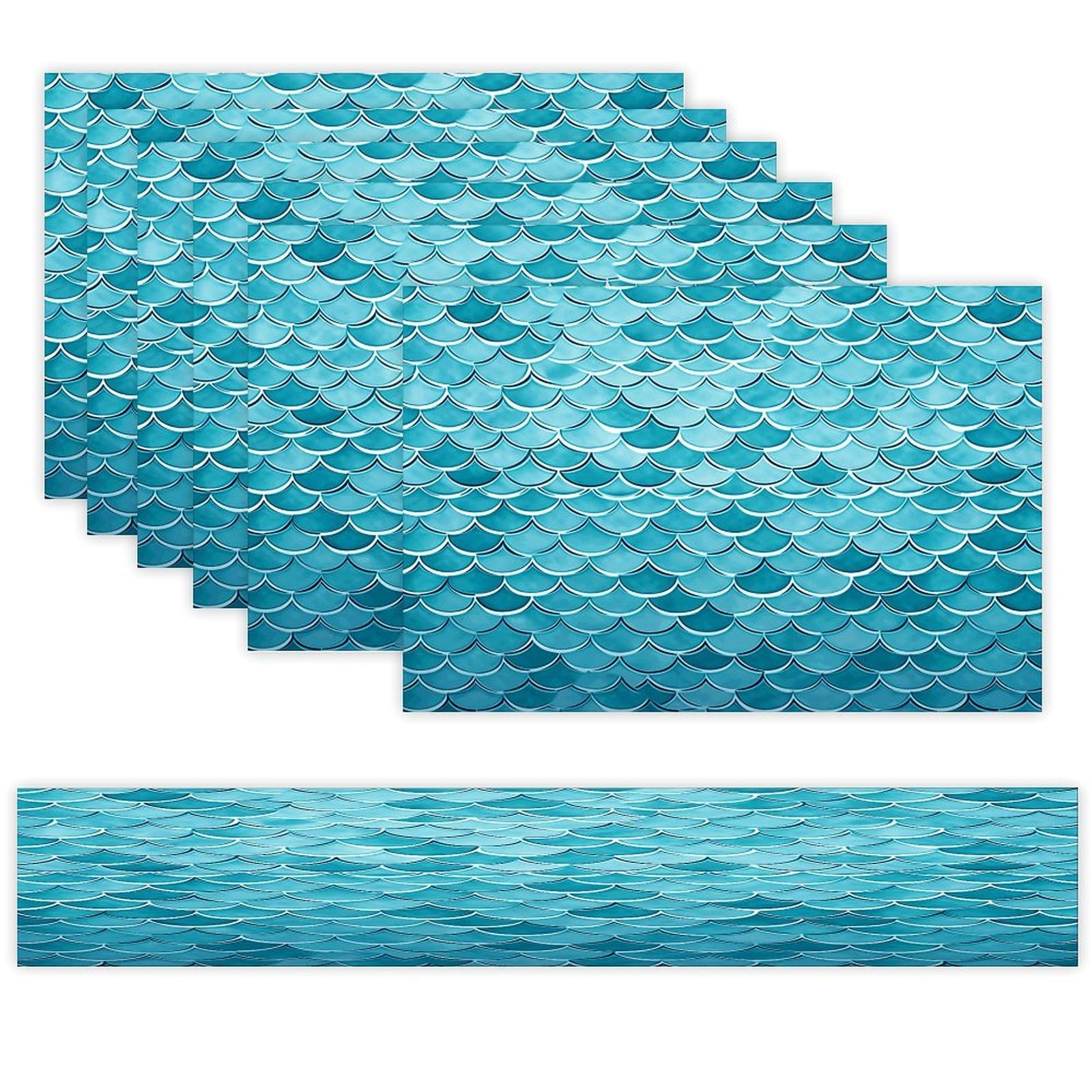 Blue Waves Squama Mermaid Scale Table Runner and Placemats of 6 Washable Heat Resistant Place Mats with Table Runner Vintage Holiday Table Mat Set for Holiday Party Kitchen Dining Deco