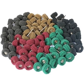 FPPO 100PCS Abrasive Buffing Polishing Wheel Set for Rotary Tool,Mini scouring pad Brush Polishing kit, Removal of Rust,Deburring on Metal Surface,with 3mm Mandrel