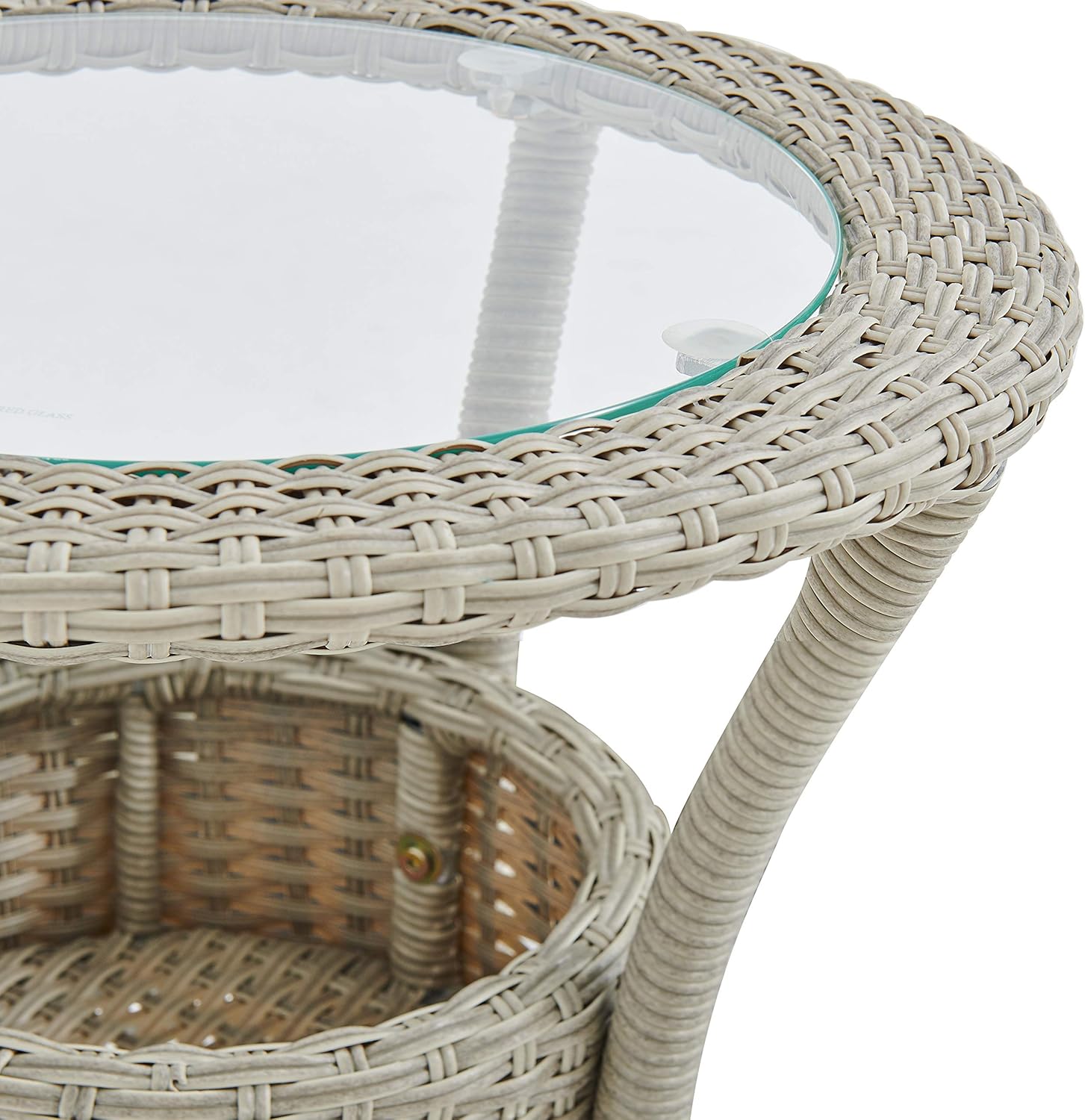 Beige Round Wicker Outdoor Accent Table with Glass Top and Storage