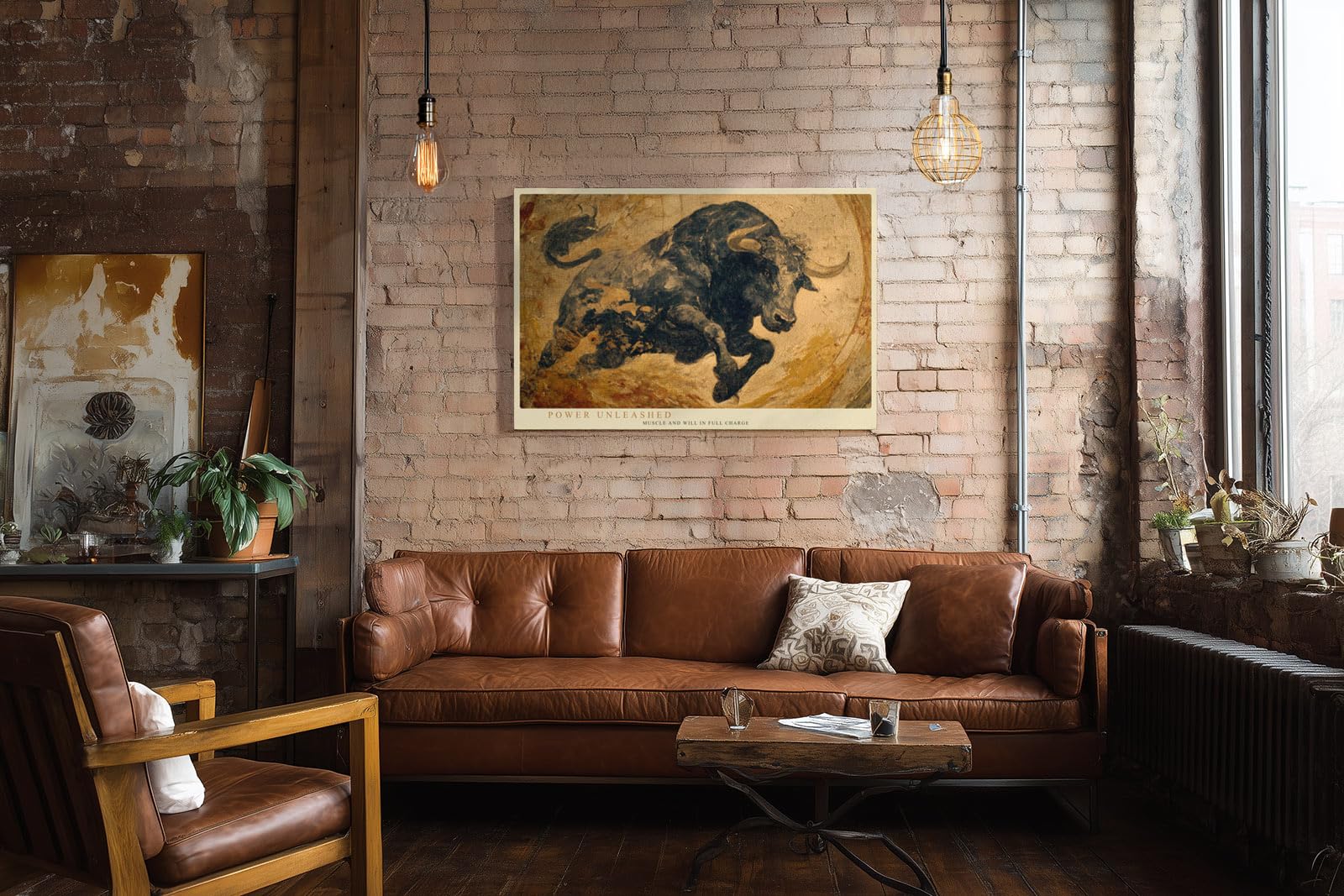 Paul Sinus Wandbild 120x80cm kraftvoller Stier abstrakte Tierkunst in warmen Braun Gold Toenen dynamische Leinwand Wanddekoration modernes Kunstbild fuer Wohnzimmer Büro