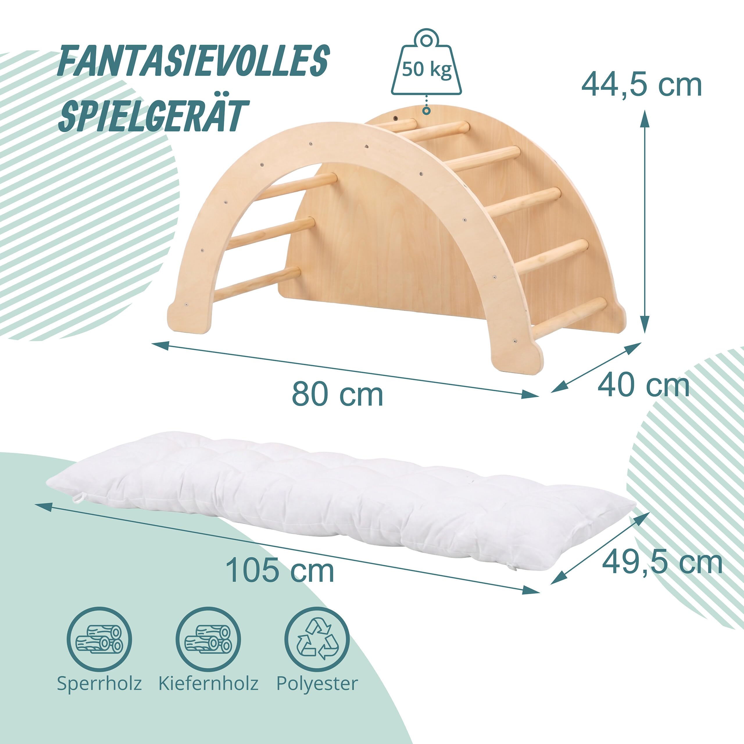 Relaxdays Kletterbogen für Kinder, ab 18 Monaten, Holz, Kissen, Natur/weiß