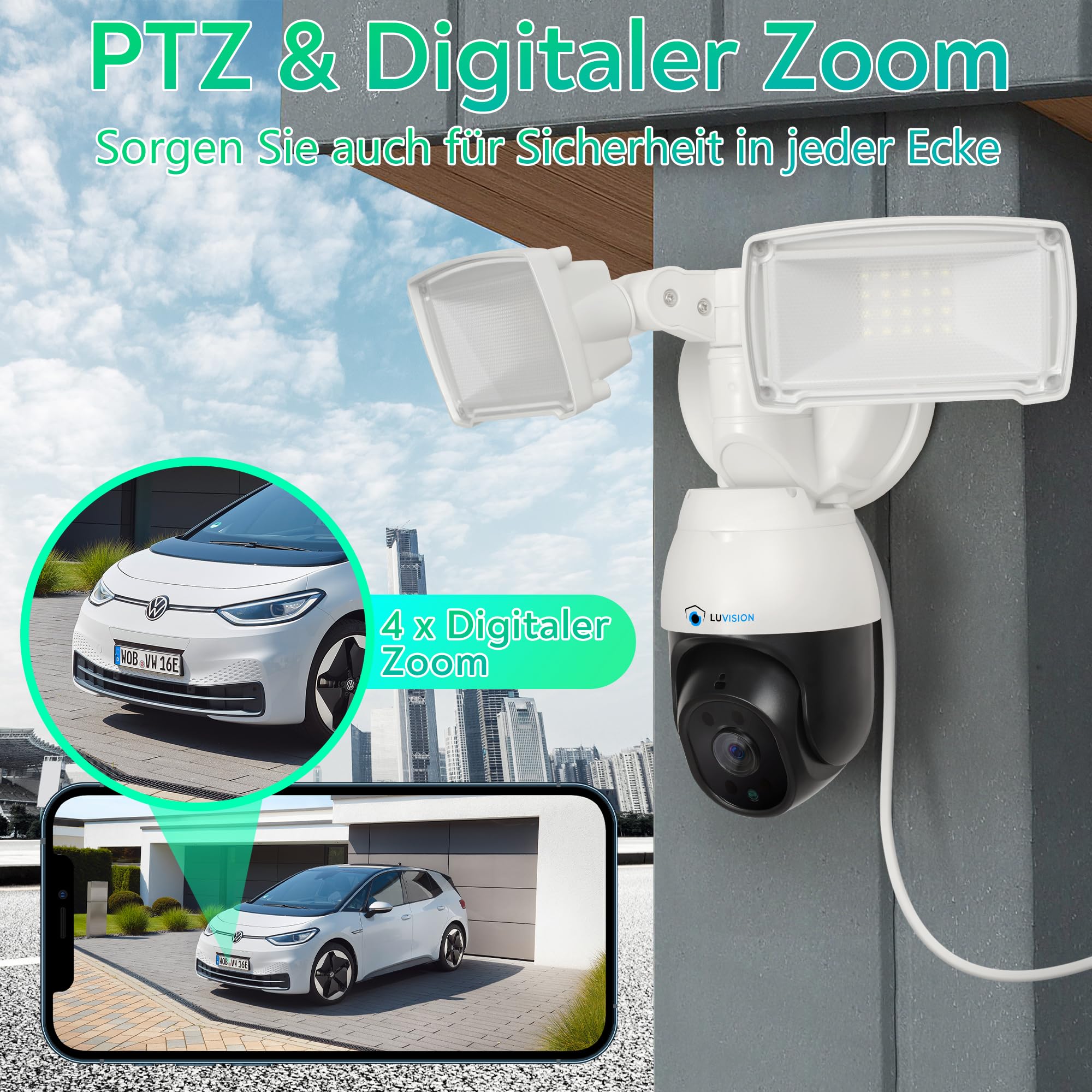 WLAN Überwachungskamera | Sicherheitskamera mit Nachtsicht | Lampe Flutlicht | Kamera Außen Beleuchtung | mit AI Bewegungsverfolgung & App-Steuerung | Smart Home Sprechanlage (mit Netzteil)