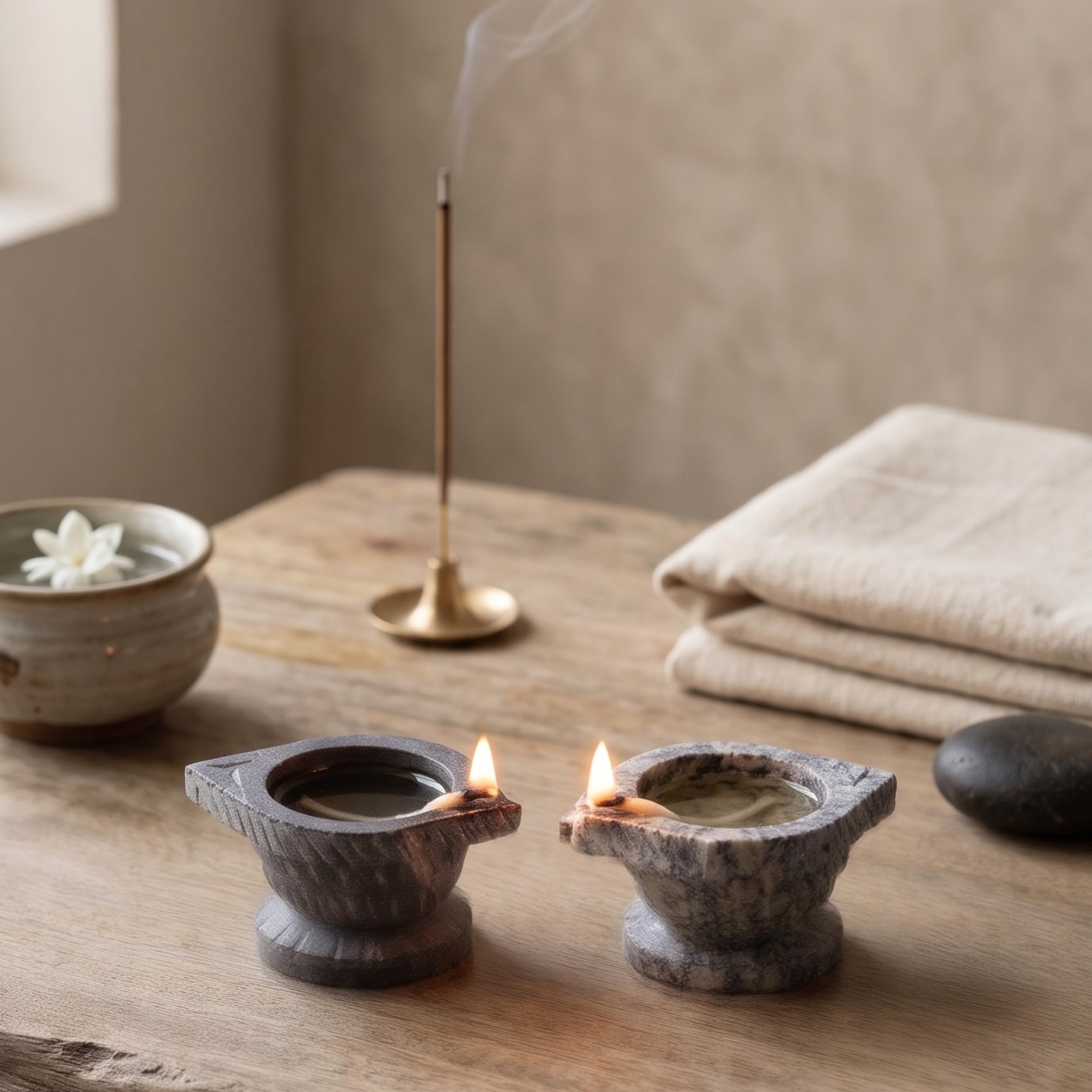 Hand Carved Soapstone Diya with Incense Stick Holder | Multi Purpose Oil Lamp & Agarbatti Stand | Traditional Indian Home Decor, Puja Item, Diwali Decorative Lamp (H-1.5 Inch/Pair)-image-3