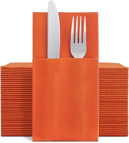 Linen-Feel - Servilletas de papel de terracota, servilletas de cena con bolsillo integrado para cubiertos, toallas de mano desechables absorbentes