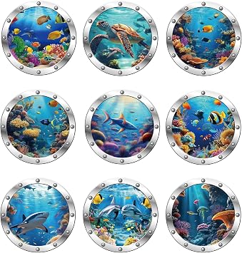 PLIGREAT 9 Pcs Ocean Porthole 3D Wall Tattoo Underwater Vinyl Decals