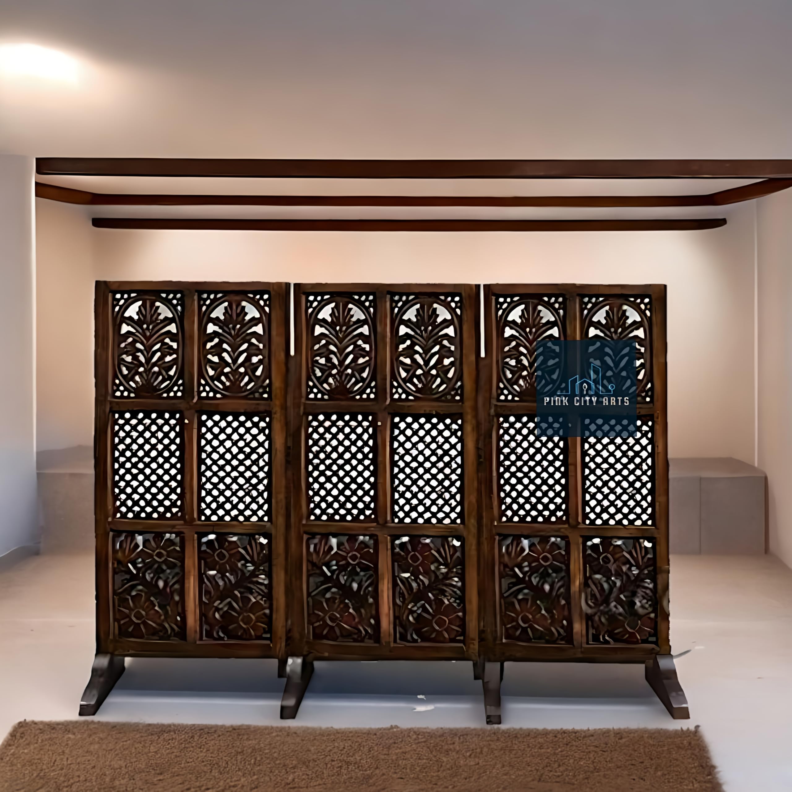 PINK CITY ARTS Wooden Partition for Living Room Room Divider Partition Wall 4 Feet Partition/Wall Divider for Hall/Room Separator/Privacy Divider/Stripe Pattern Brown (3 Panel with Stand) (B0D94R416J) Amazon Price History, Amazon Price Tracker