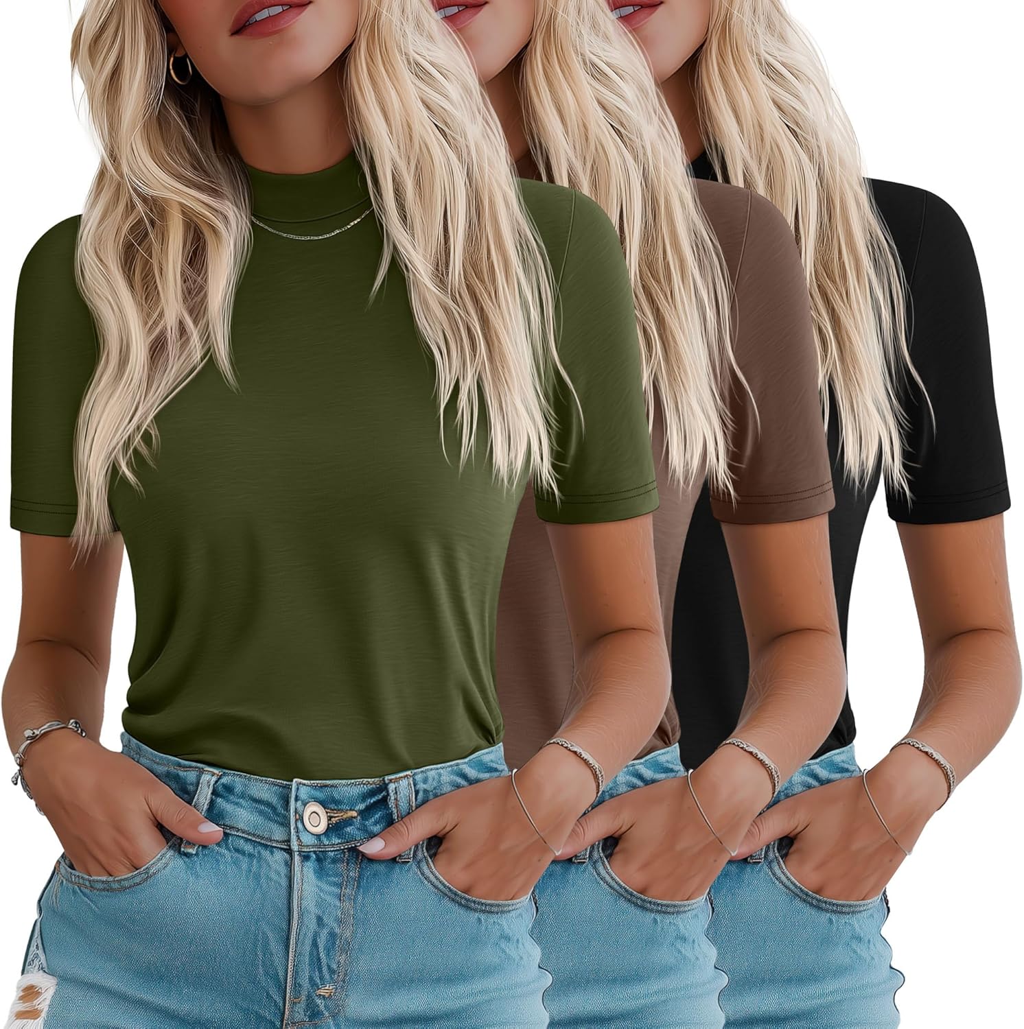 Ficerd 3 Pack Women's 1/2 Sleeve Mock Turtleneck Shirts, Elbow Length Shirt Half Sleeve Tunic Top Casual Summer Basic Tees