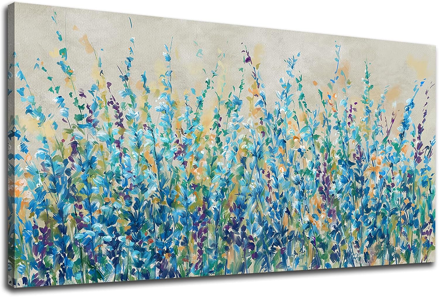 Abstract Floral Canvas Wall Art,Teal Botanical Canvas Pictures Blue Leaf Blossom Spring Painting Wall Decor for Living Room Bedroom Kitchen Home Office Decoration Framed 24"X48" Blue Wildflowers Wrapped Canvas 48L" x 24W"