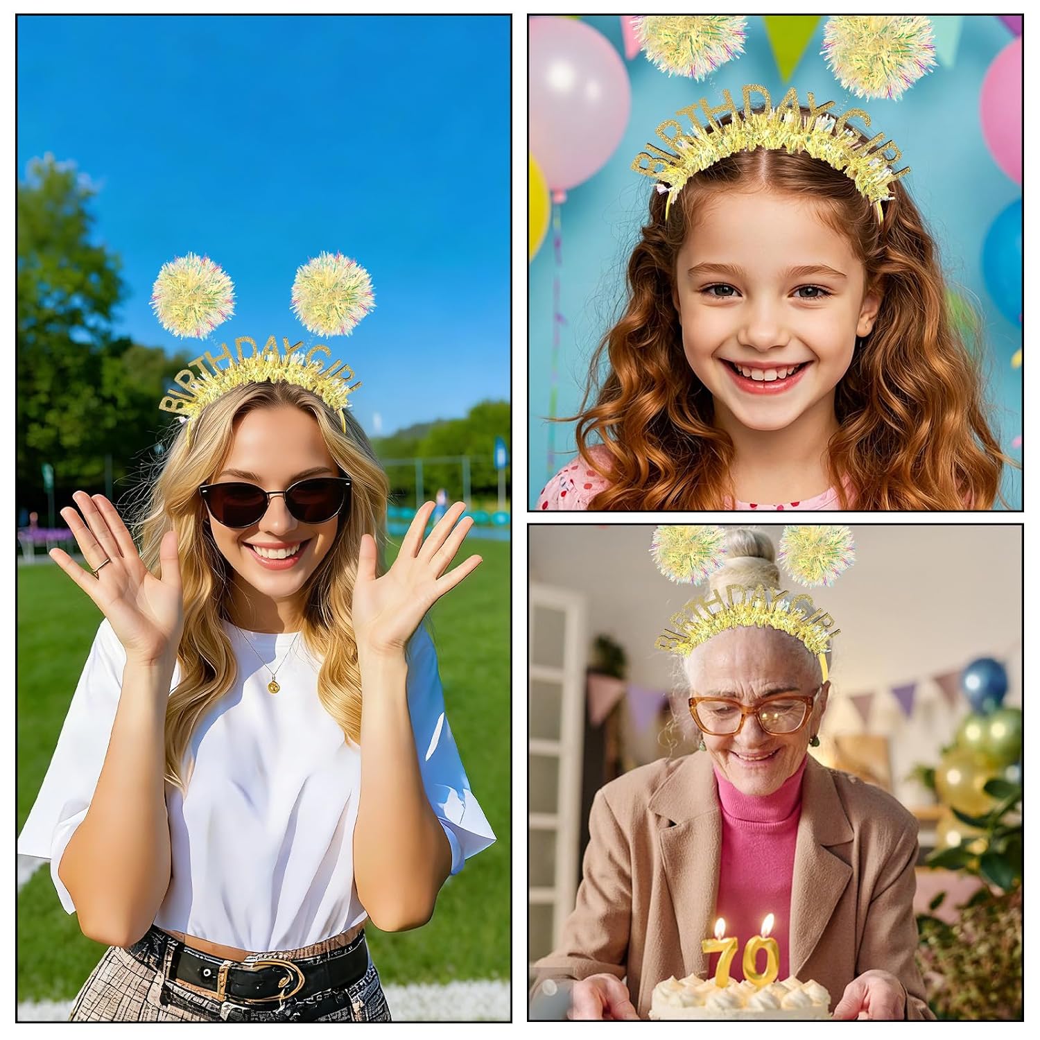 Jaciya Birthday Girl Gold Tinsel Headband with Iridescent Pom Poms Sparkly Party Hair Accessory Gold Birthday Decorations Photo Booth Prop