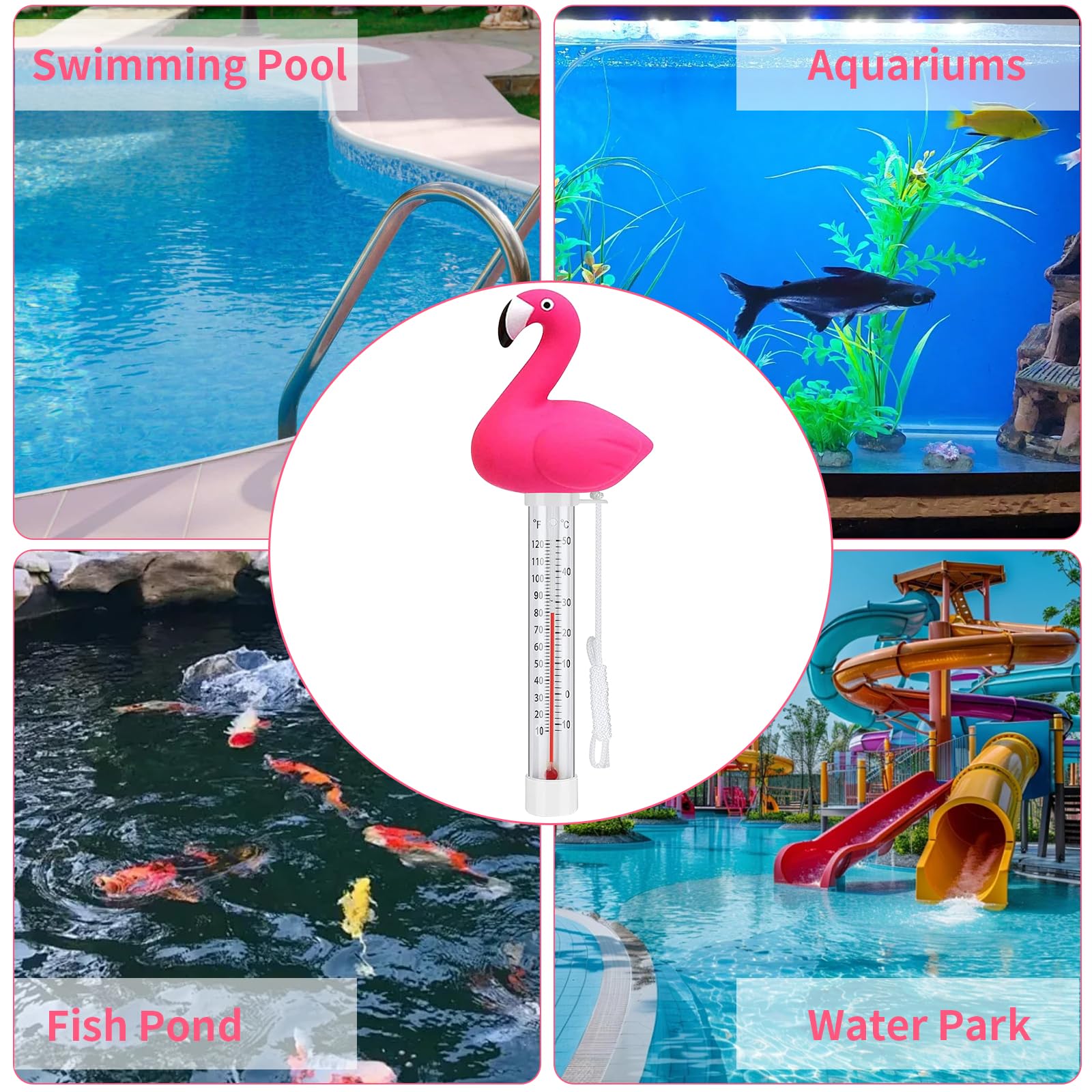Thermomètre à eau flottant, thermomètre de bain flamants roses, thermomètre de piscine avec corde, thermomètre de piscine de dessin animé, thermomètre de température de l'eau pour piscines, jacuzzi