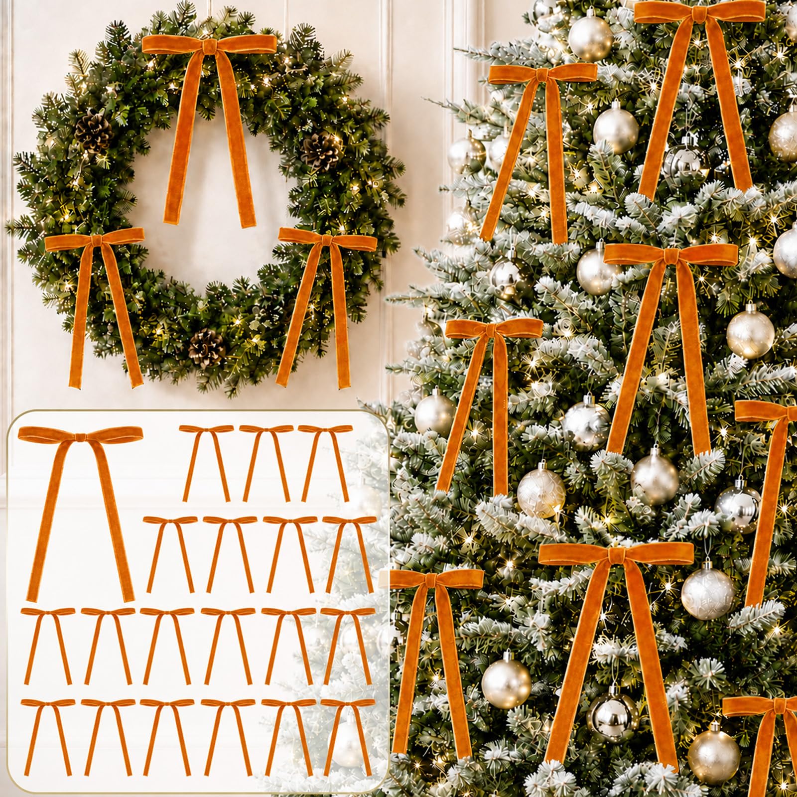 24pcs Autumn Velvet Ribbon Bows for Thanksgiving Christmas Tree Decorations