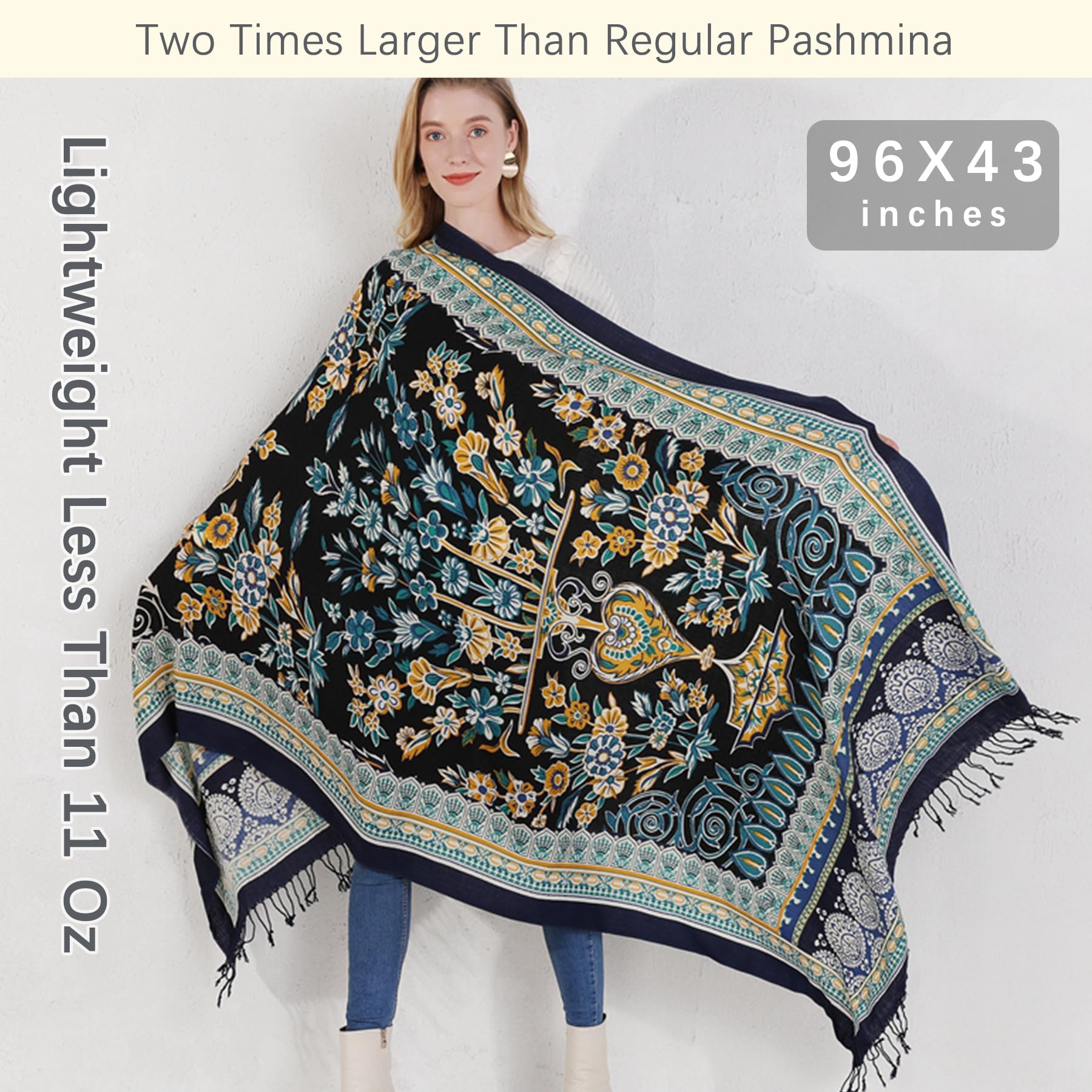 DANA XU 100% lana merino extra large pashmina scialle per le donne | 243,8 x 109,2 cm oversize in cashmere con nappe fatte a mano, mantello leggero da viaggio floreale per abito da sera