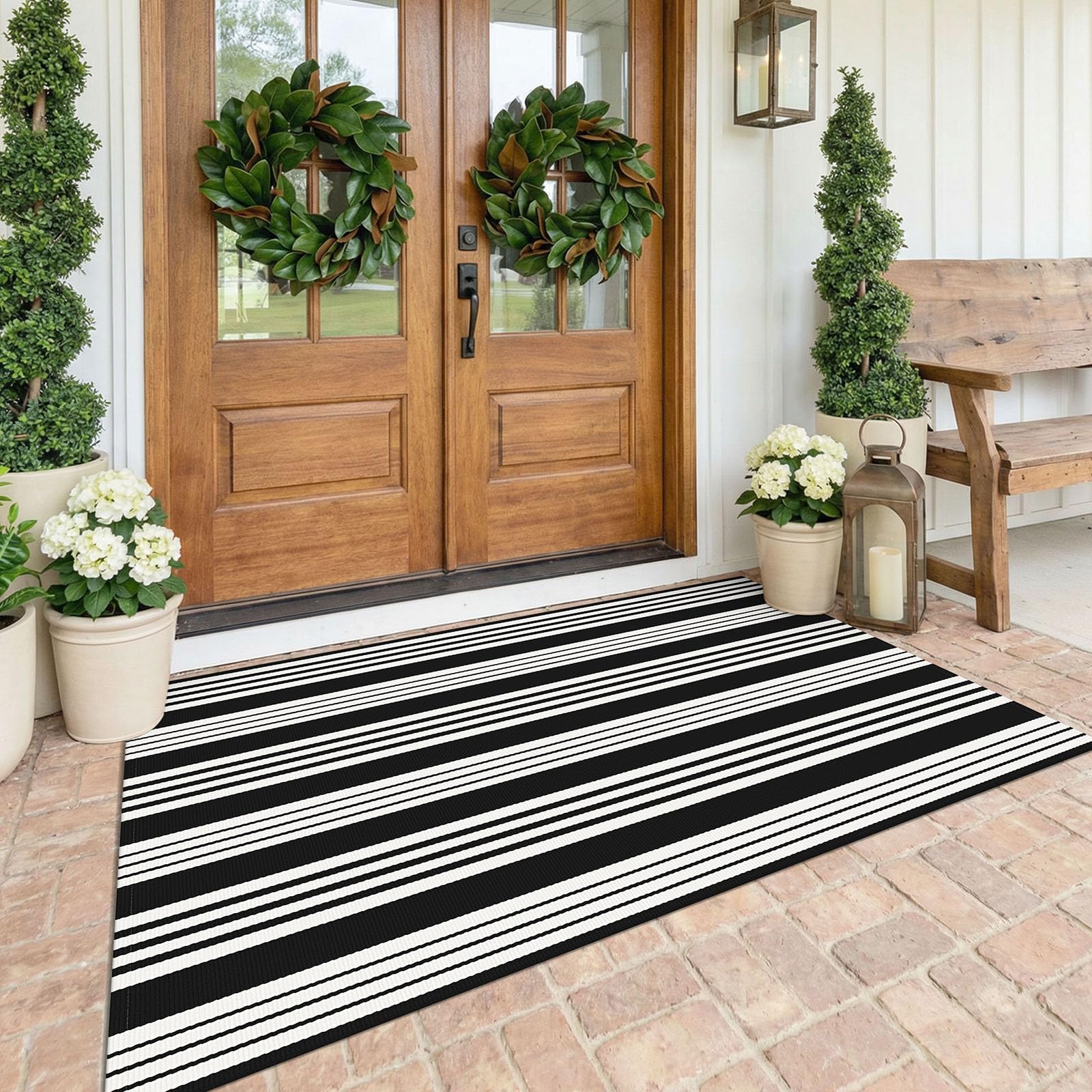 KOZYFLY 4x6 Black White Striped Rug Front Door Rug Cotton Woven Washable Indoor Outdoor Rugs Entrance Layered Doormat for Front Porch Kitchen Patio Farmhouse Carpet — image 1