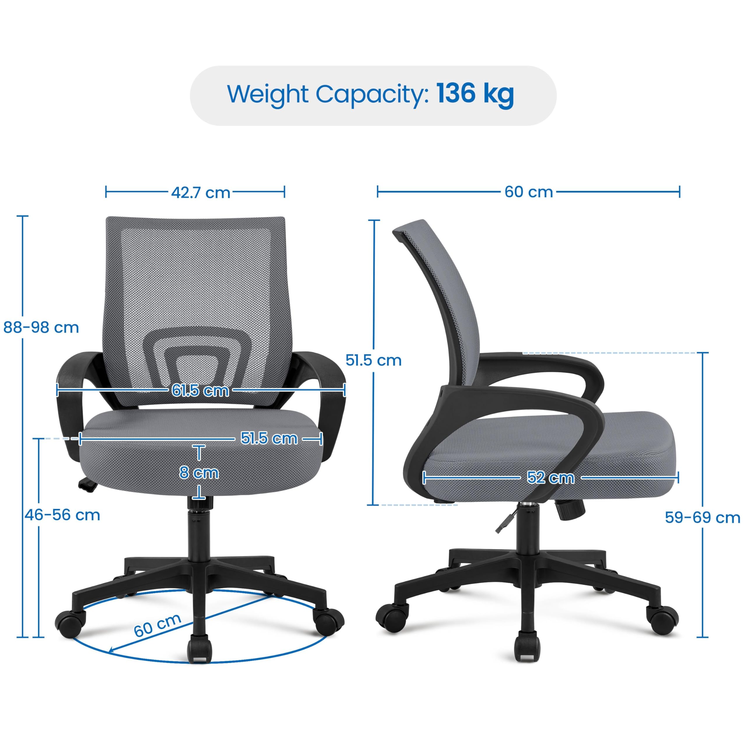 Yaheetech Chaise de Bureau Ergonomique à Hauteur Réglable Gris Foncé | Fauteuil de Bureau en Maille, Soutien Lombaire Intégré, Roulettes Pivotantes, Charge 136kg pour Chambre Bureau Studio