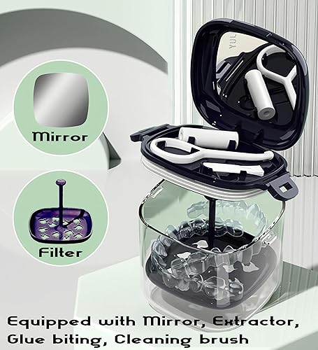 Miniatura 5 de MURRI&MURRDI Estuche de retenedor, caja de baño para dentaduras postizas con cesta de colador, funda protectora bucal, vaso limpiador de frenos,
