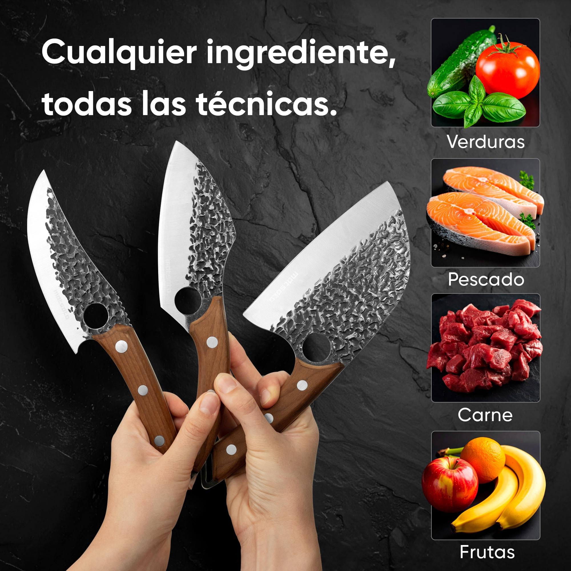 Matsato Juego 3 Cuchillos de Cocina Profesionales Mango Madera | Cuchillo chef, cuchillo para carne y cuchillo universal. Mango ergonómico de madera.