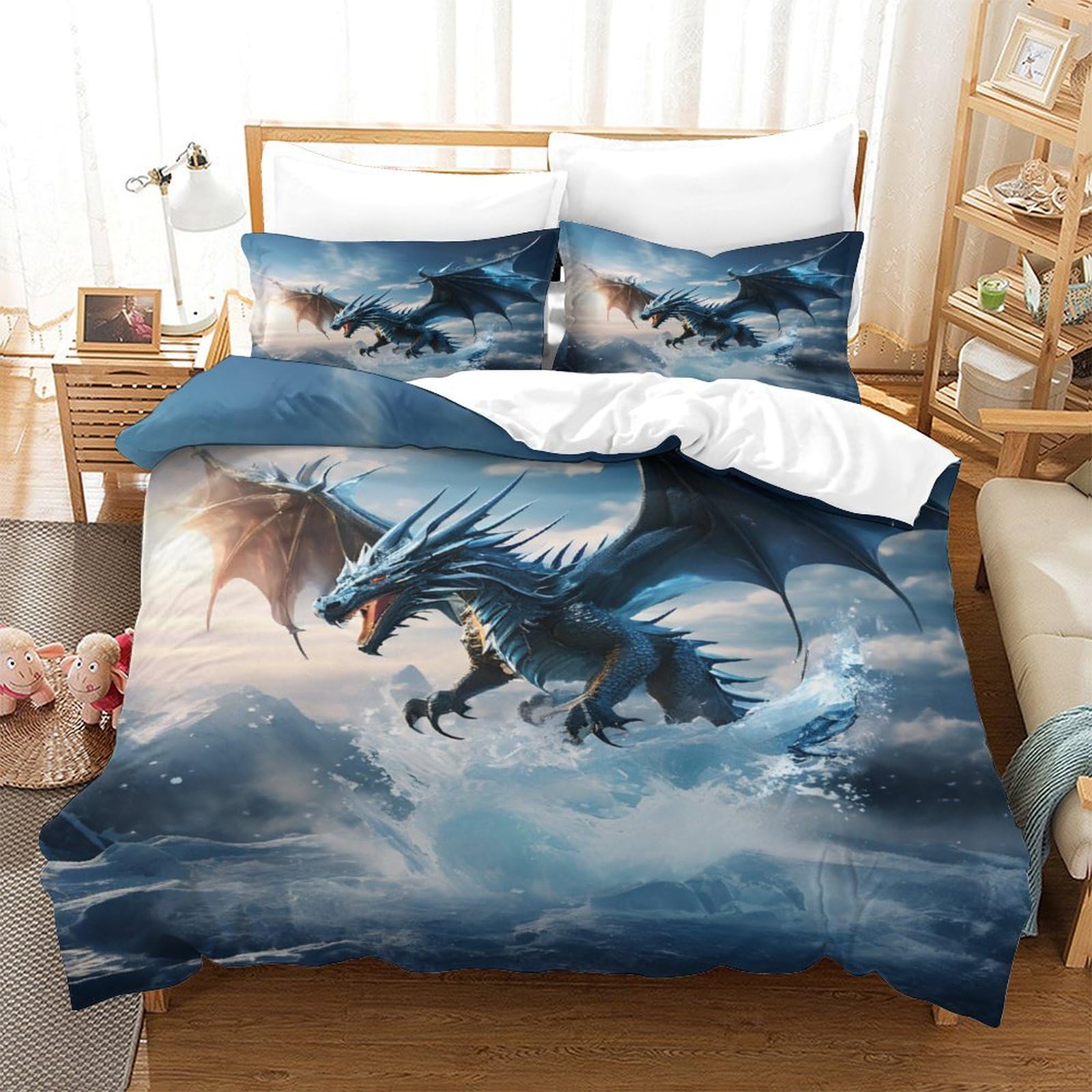 TNFHSOFT Flying Dragon 3D Microfiber Duvet Cover Set with Zipeer Closure for Kids Teens Adults Bedding Quilt Cover 3 Pieces Set Single（140x200cm）