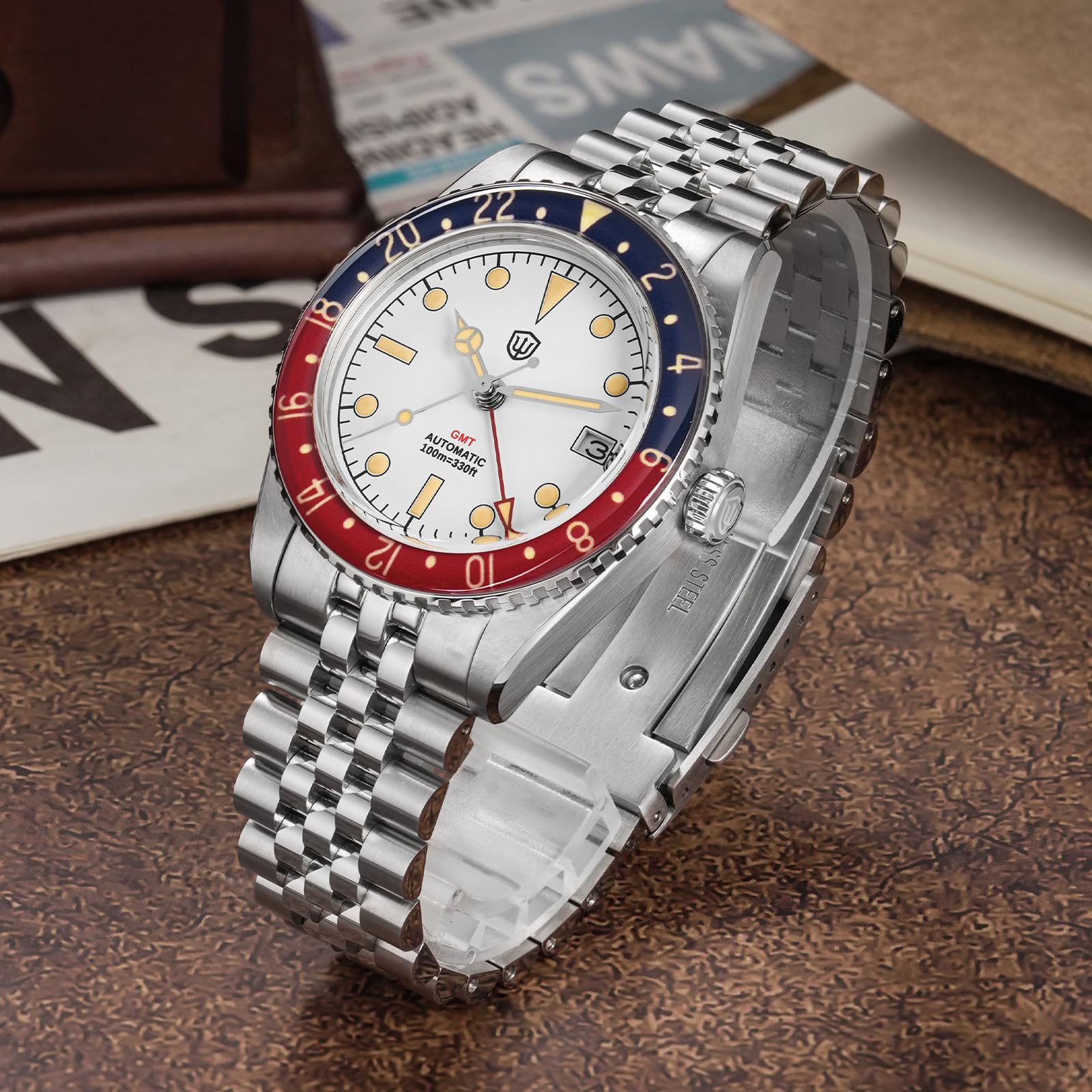 watchdives Relojes GMT para Hombres, WD6542 Reloj Hombre NH34 Automático Reloj De Pulsera 38mm Cristal De Zafiro Abombado Burbuja Relojes 100M Resistente Al Agua