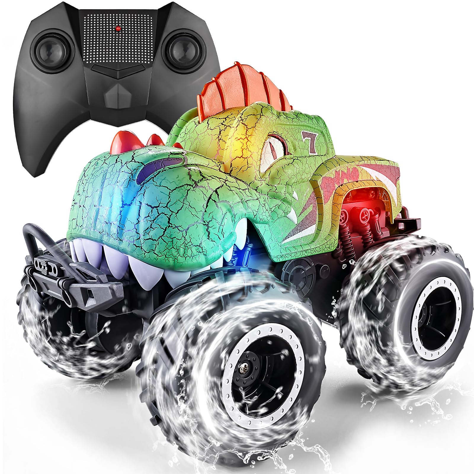 Calefwe Monster Truck Toys, 1:20 Waterproof Dinosaur Monster Trucks for Boys Age 4-7, 2.4GHz All Terrain RC Cars with 2 Batteries, 360° Rotating Stunt