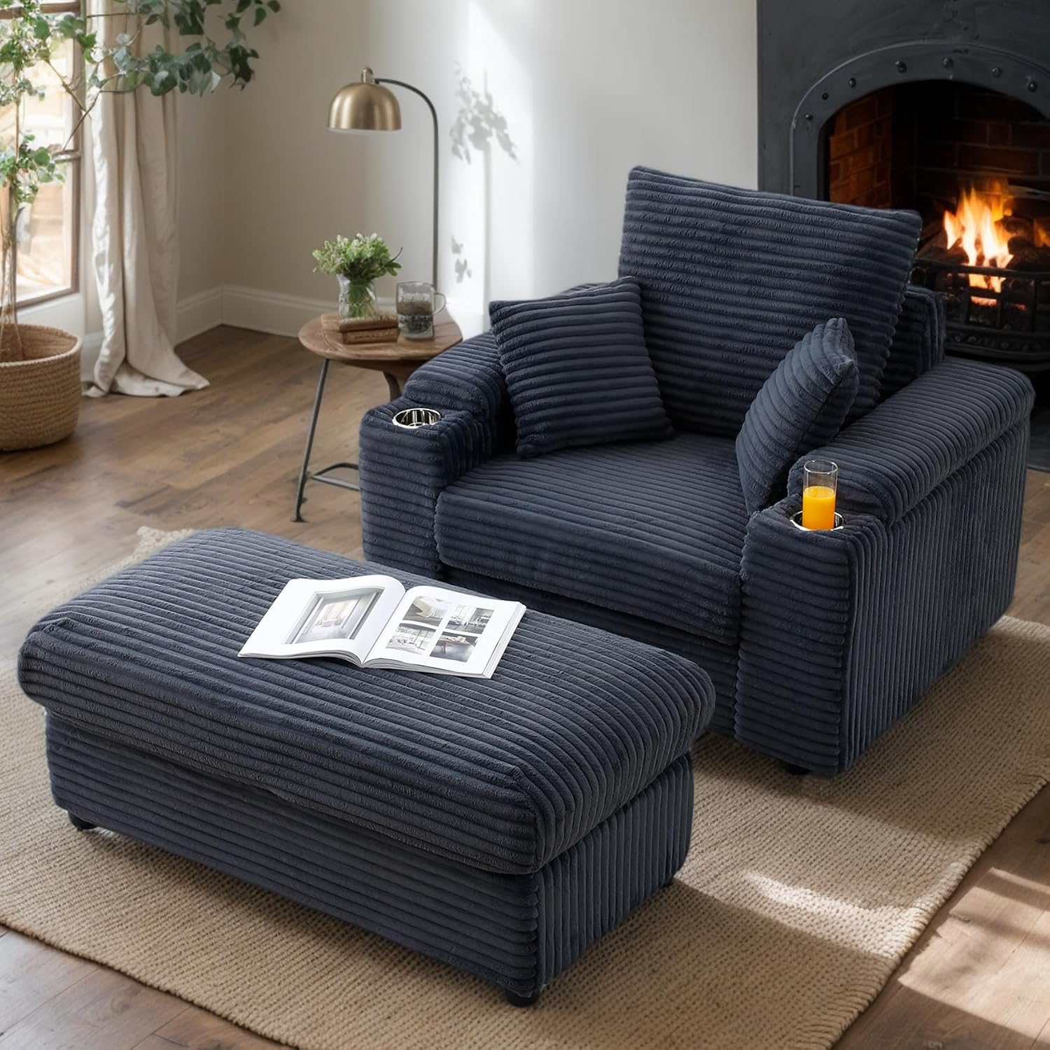 43.3" W Oversized Corduroy Chaise Lounge Chair, Comfy Sleeper Sofa with Cup Holder and Storage Ottoman, 3 Throw Pillows Included, Deep Seat Upholstered Reading Chair for Living Room (Gray)