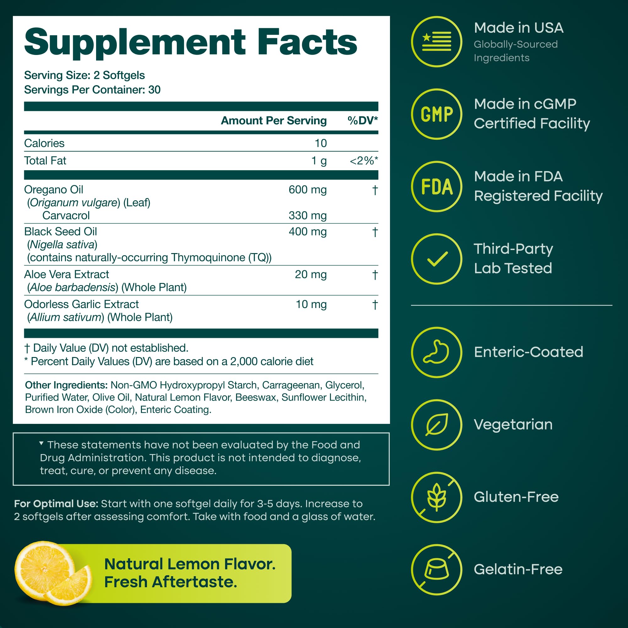 Oil of Oregano with Black Seed Oil, Enteric-Coated Lemon Softgels, No Burps — Amazon image 3