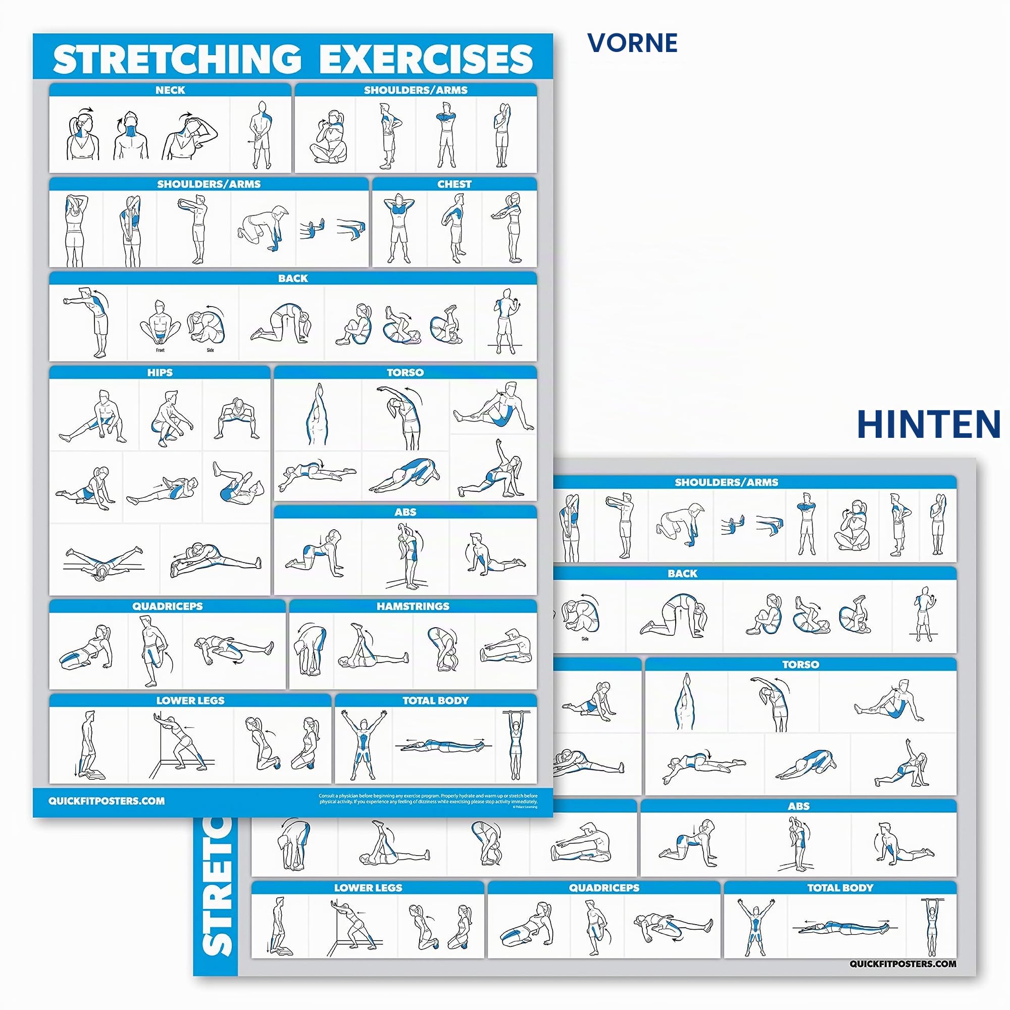 QUICKFIT 10 Pack - Exercise Workout Poster Set - Dumbbell, Suspension, Kettlebell, Resistance Bands, Stretching, Bodyweight, Barbell, Yoga Poses, Exercise Ball, Muscular System Chart - (18" x 27")