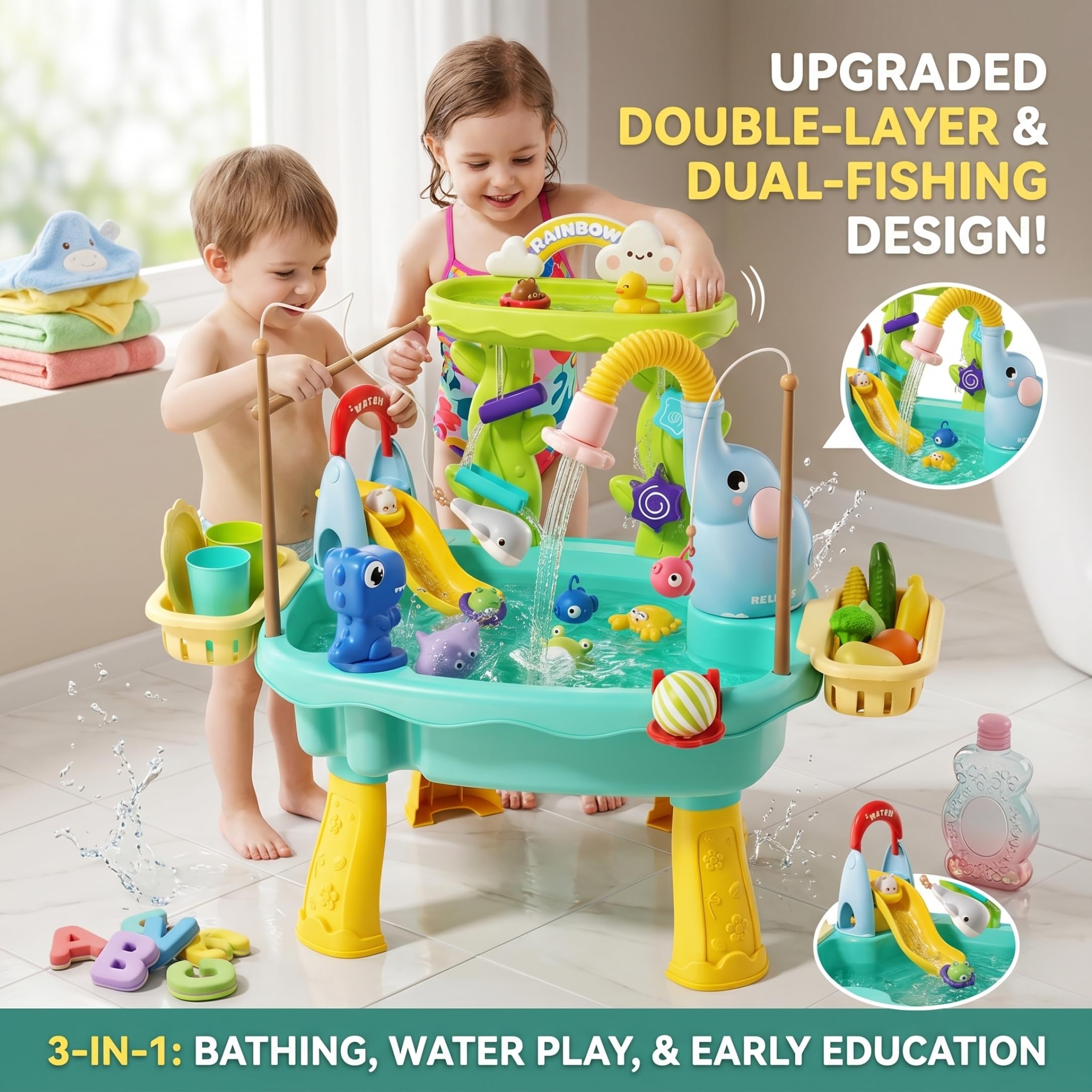 Mesa freática para niños, Juego de Mesa de Arena y Agua, 2, 6 en 1, Juguetes Azules para niños con tobogán de riego circulante, Pesca y Baloncesto.