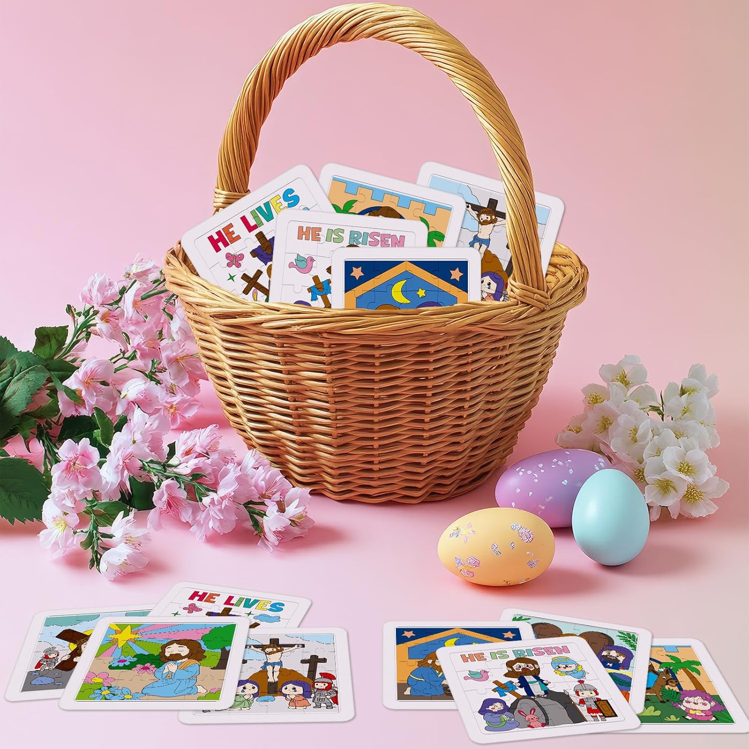 Cinrobiye 24Pcs Christian Easter Crafts Bulk，Religious Puzzle Jesus He is Risen Coloring Craft, Bible Jigsaw Arts Gifts Basket Stuffers for Classroom Church Sunday Party Favors Spring DIY Activity