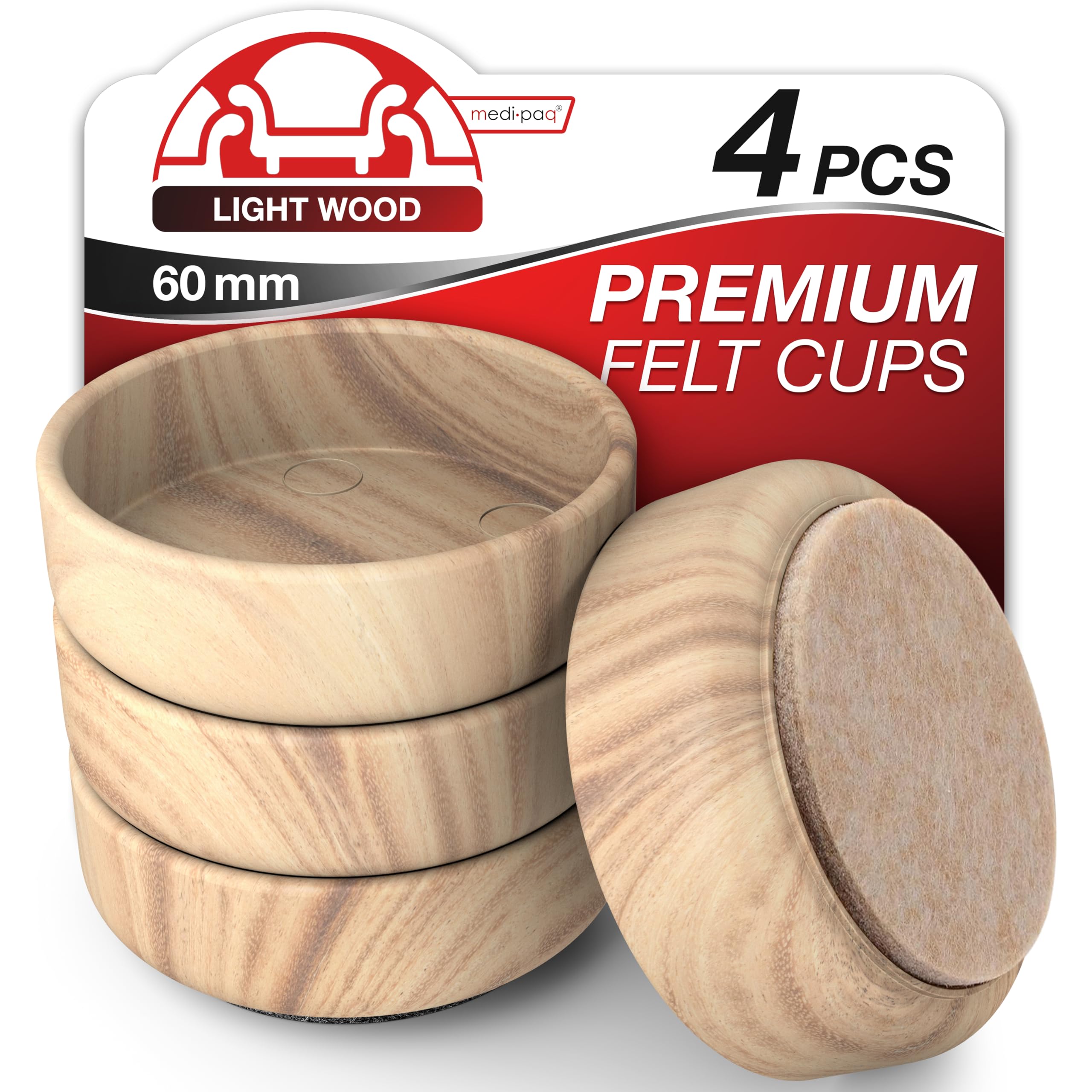 Felt Castor Cups – 4x Large 60mm Light Wood Grain – Protects Wooden & Smooth Floors – Chair & Furniture Leg Protectors
