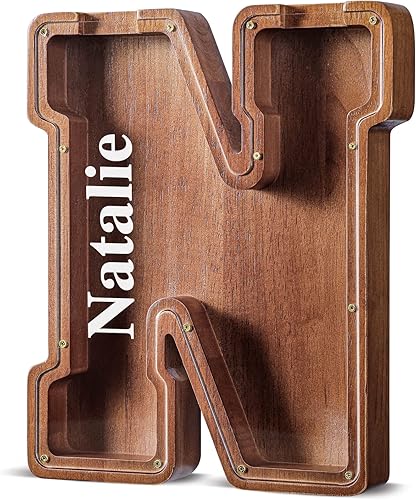 Miniatura 205 de SummiDate Alcancía de madera con nombre, niños y niñas, tamaño grande, letras alfabeto A-Z, monedas y billetes, inicial en cubierta transparente