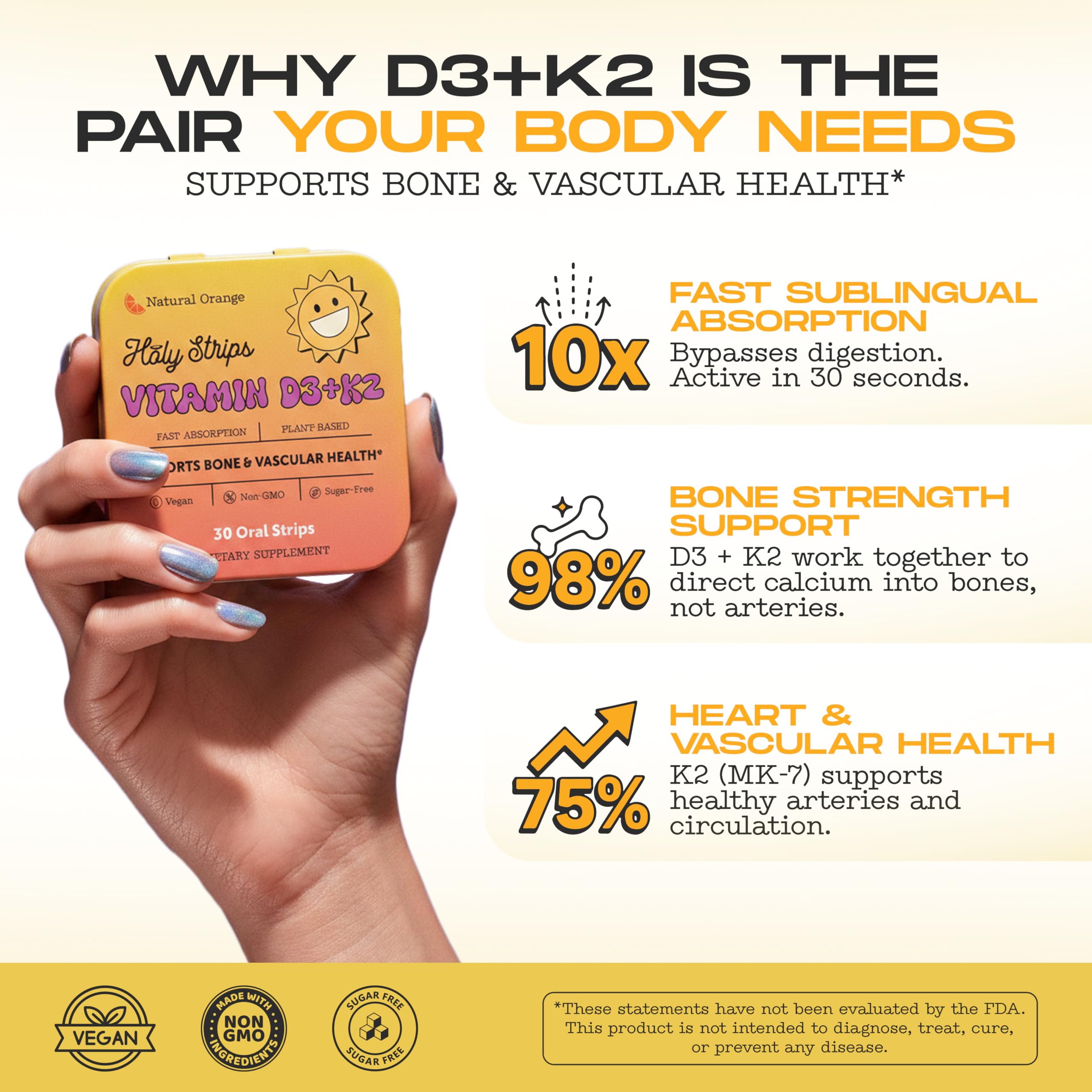 Vitamin D3 K2 Supplement 5000 IU - Fast-Absorbing Oral Strips for Bone & Heart Health - Vitamin D K2 Plant-Based Formula - D3K2 - High-Potency Vitamina D3 con K2- Non GMO - Sugar-Free (30 Count) — Amazon image 4