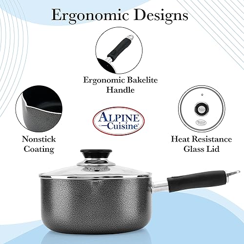 Miniatura 9 de Alpine Cuisine Cacerola antiadherente de 3 cuartos de galón de capacidad, mango de baquelita suave al tacto con tapa de vidrio, sartenes