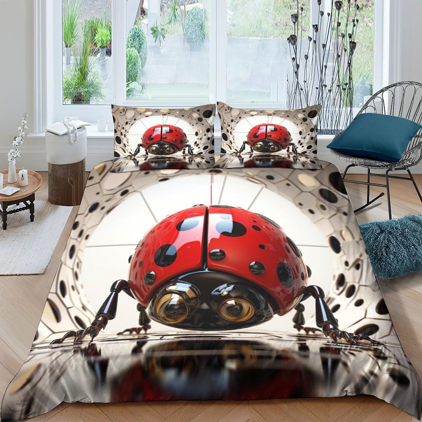 Housse de couette coccinelle méca 220x240cm parure de lit 3 pièces microfibre