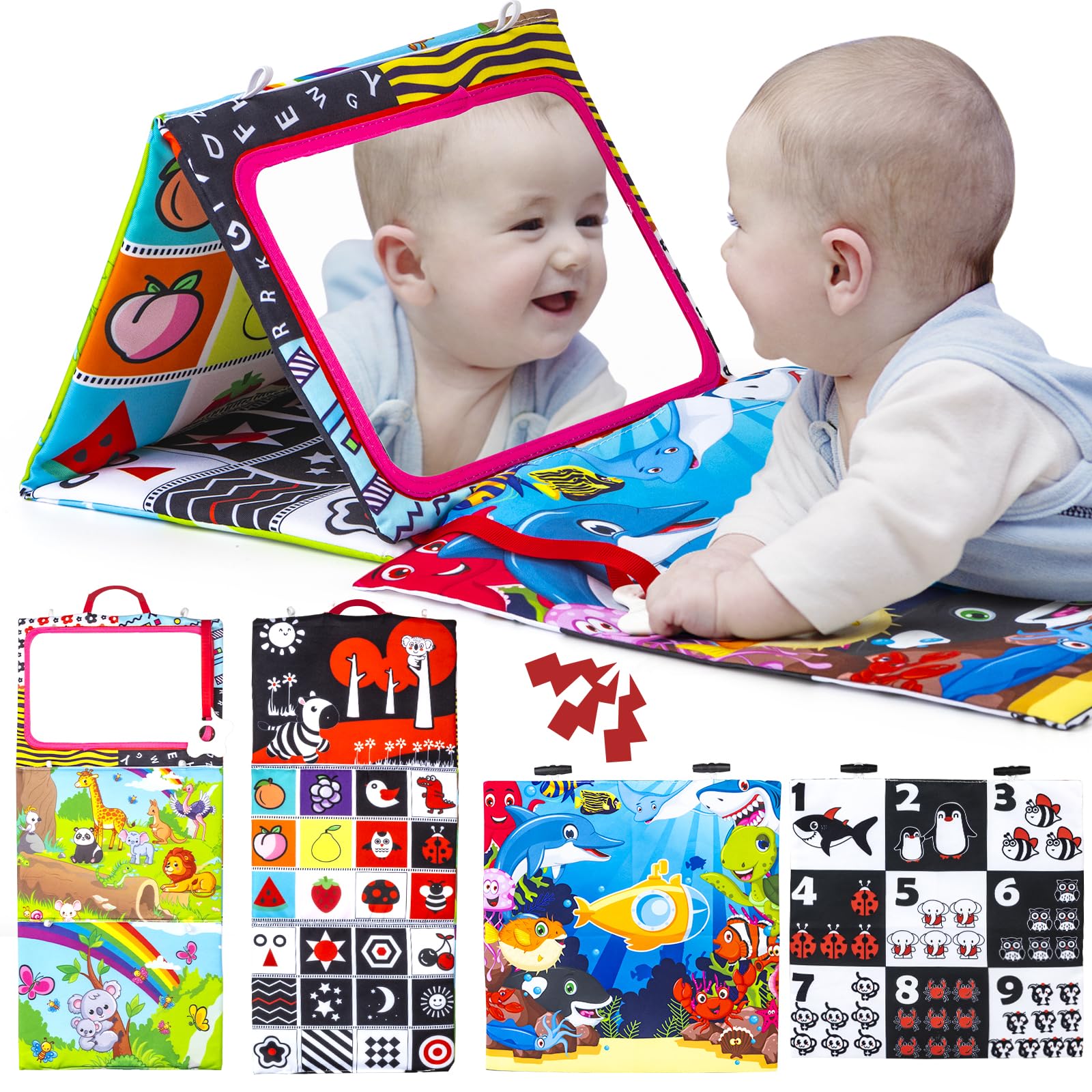 Auney Baby Spielzeug 0-9 Monate,Faltbarer Spiegel Spielzeug mit Knisterbuch Entwickelt, Kleinkinderziehung und Kognitives Lernspielzeug Babyspielzeug für Neugeborenes Kleinkinder Baby