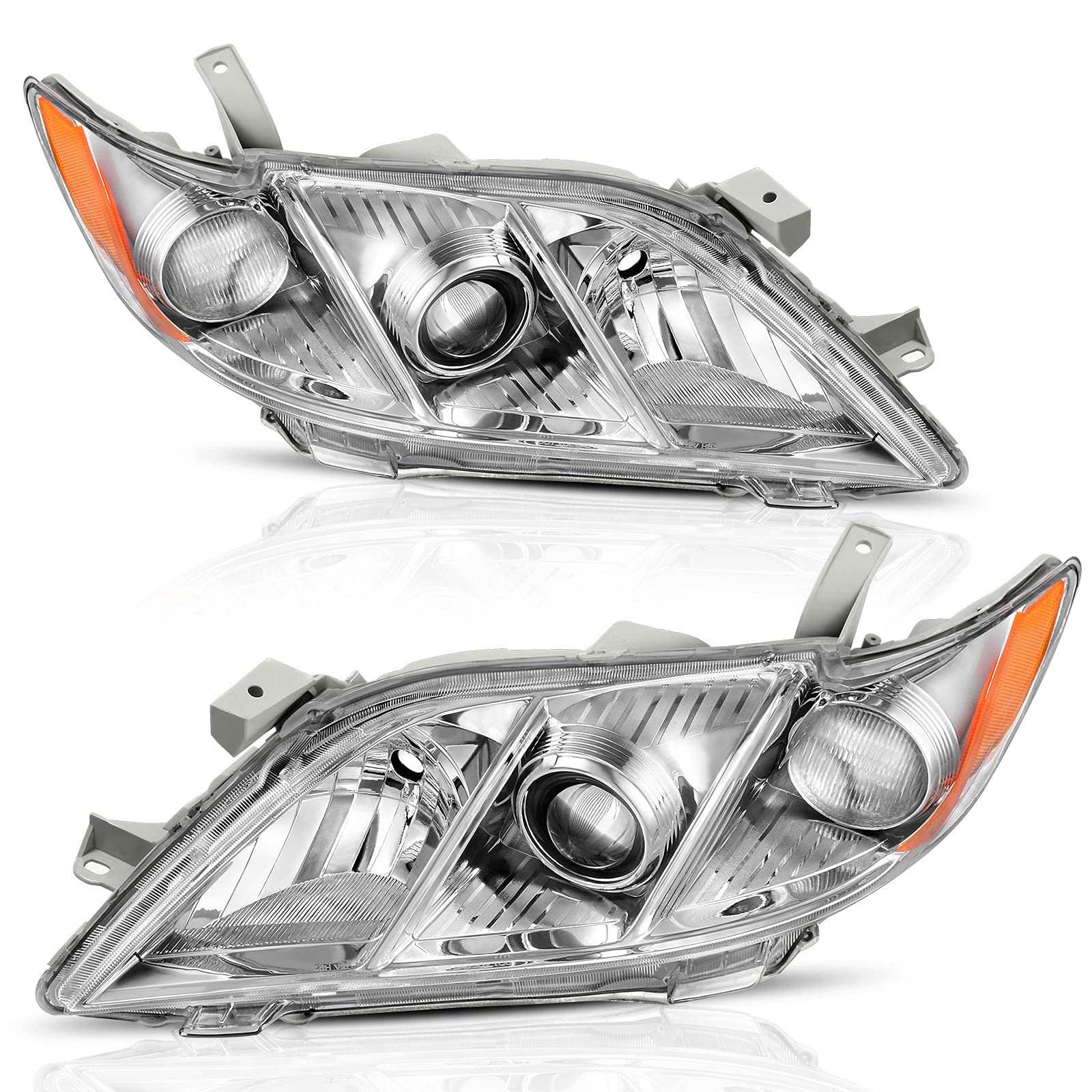AUTOSAVER88Headlight Assembly Compatible with 2007-2009 Camry Exclude Hybird Projector Chrome Housing Amber Reflector Clear Lens Headlamps Replacement