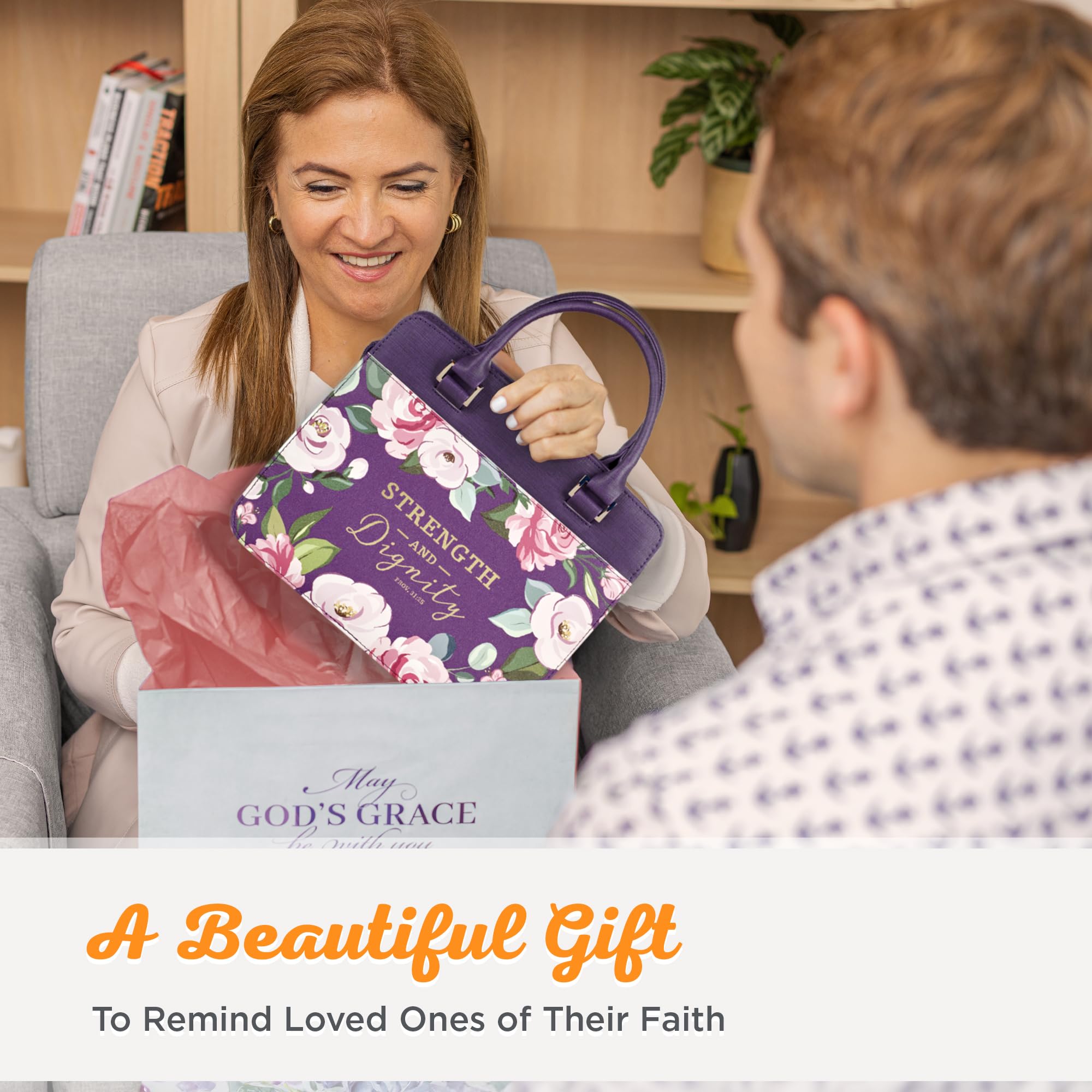 Christian Art Gifts Funda de piel vegana de moda para mujer, versículo bíblico de fuerza y dignidad, diseño floral morado, Floral púrpura, Large